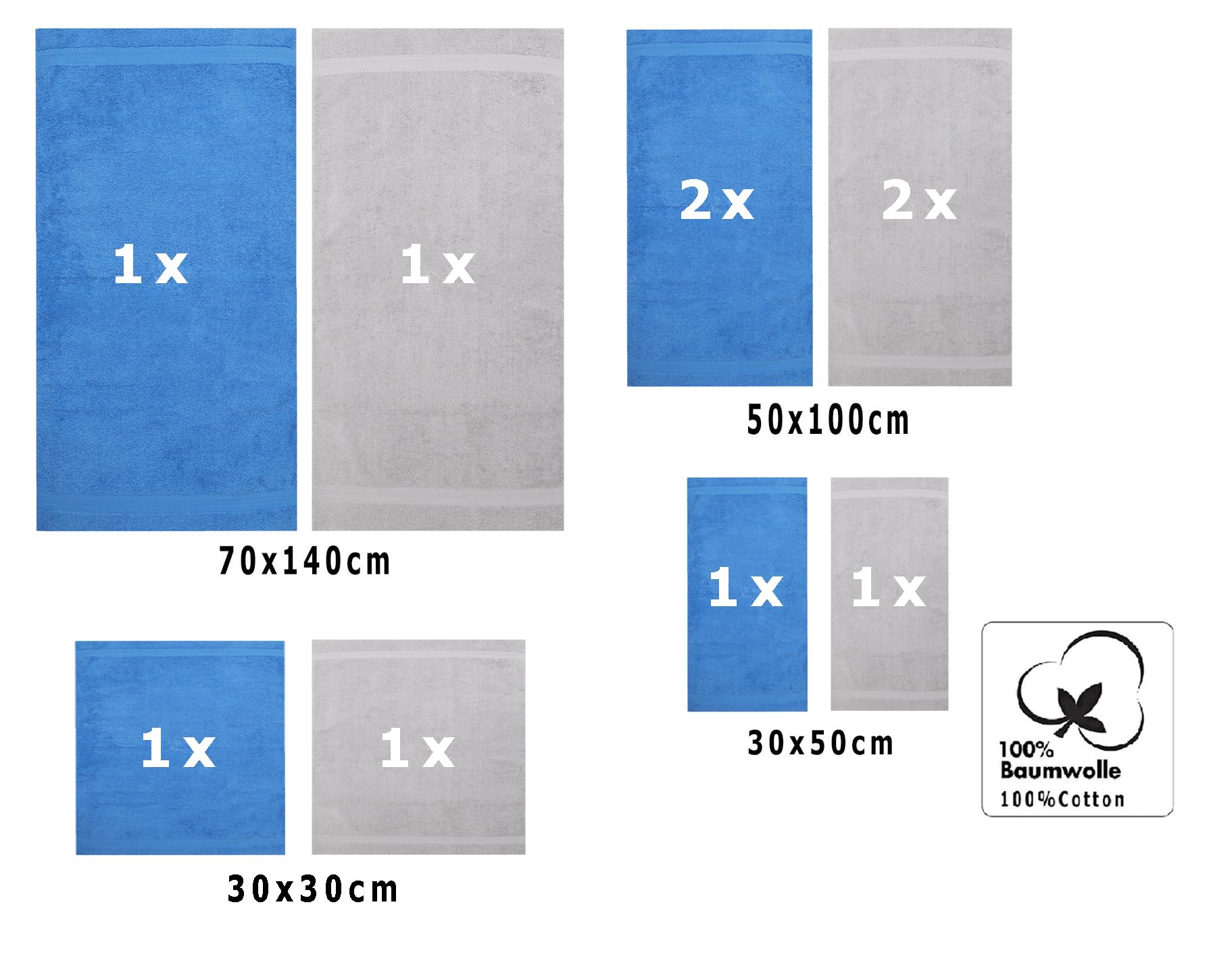 Betz Juego de 10 Toallas Classic 100% algodón 2 Toallas de baño 4 Toallas 2 Toallas de Mano 2 Toallas Cara de Color Azul Claro y Gris Plata