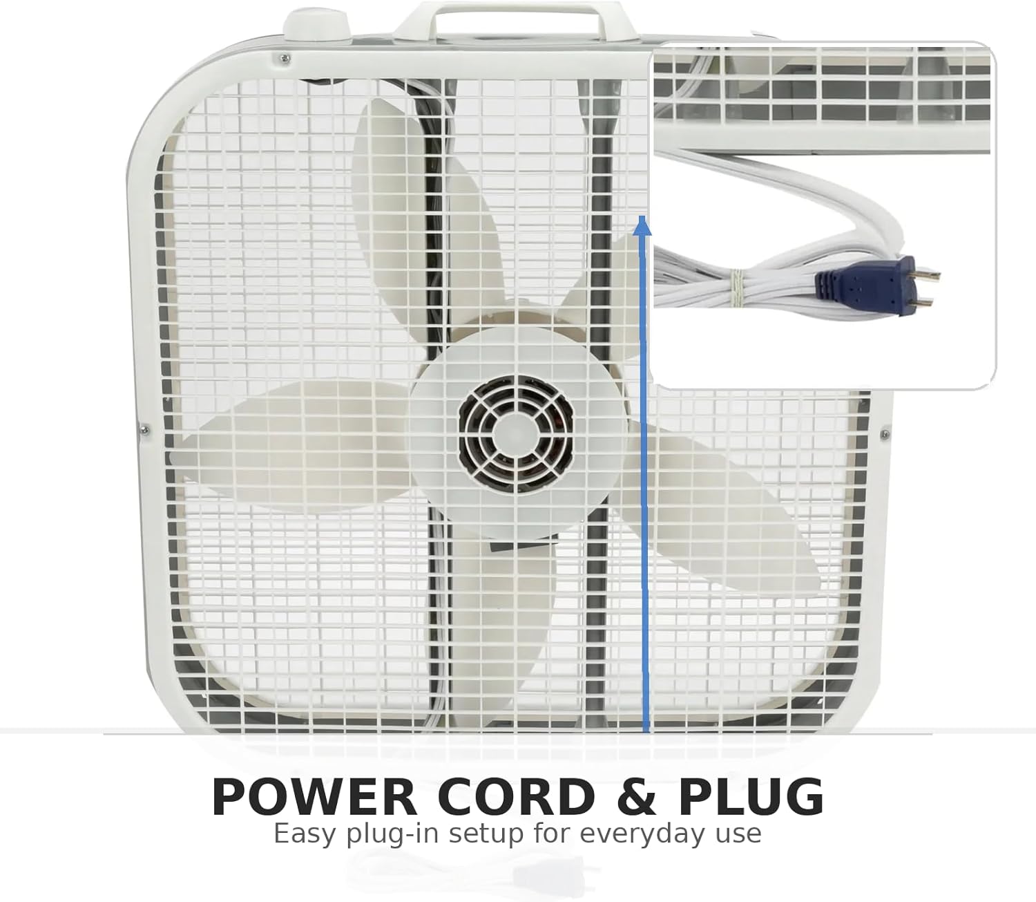 20 Inch Box Fan, 3 Quiet Speeds & Weather-Resistant Motor, Portable Floor Fan for Bedroom, Window or Table Use, Easy to Clean with Removable Grill, White