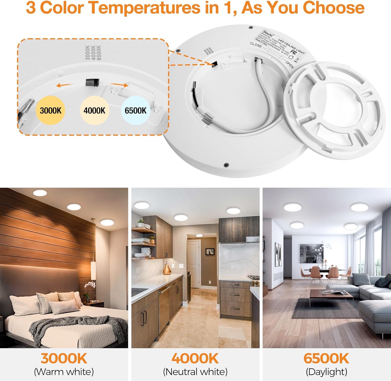 slochi 6Pack Flush Mount Ceiling Light, 7.5inch Super Slim 3000K-4000K-6500K Led Ceilings Light, Round White Ceiling Light Fixtures for Bedroom,Living Room,Kitchen,Bathroom,Hallway,Laundry