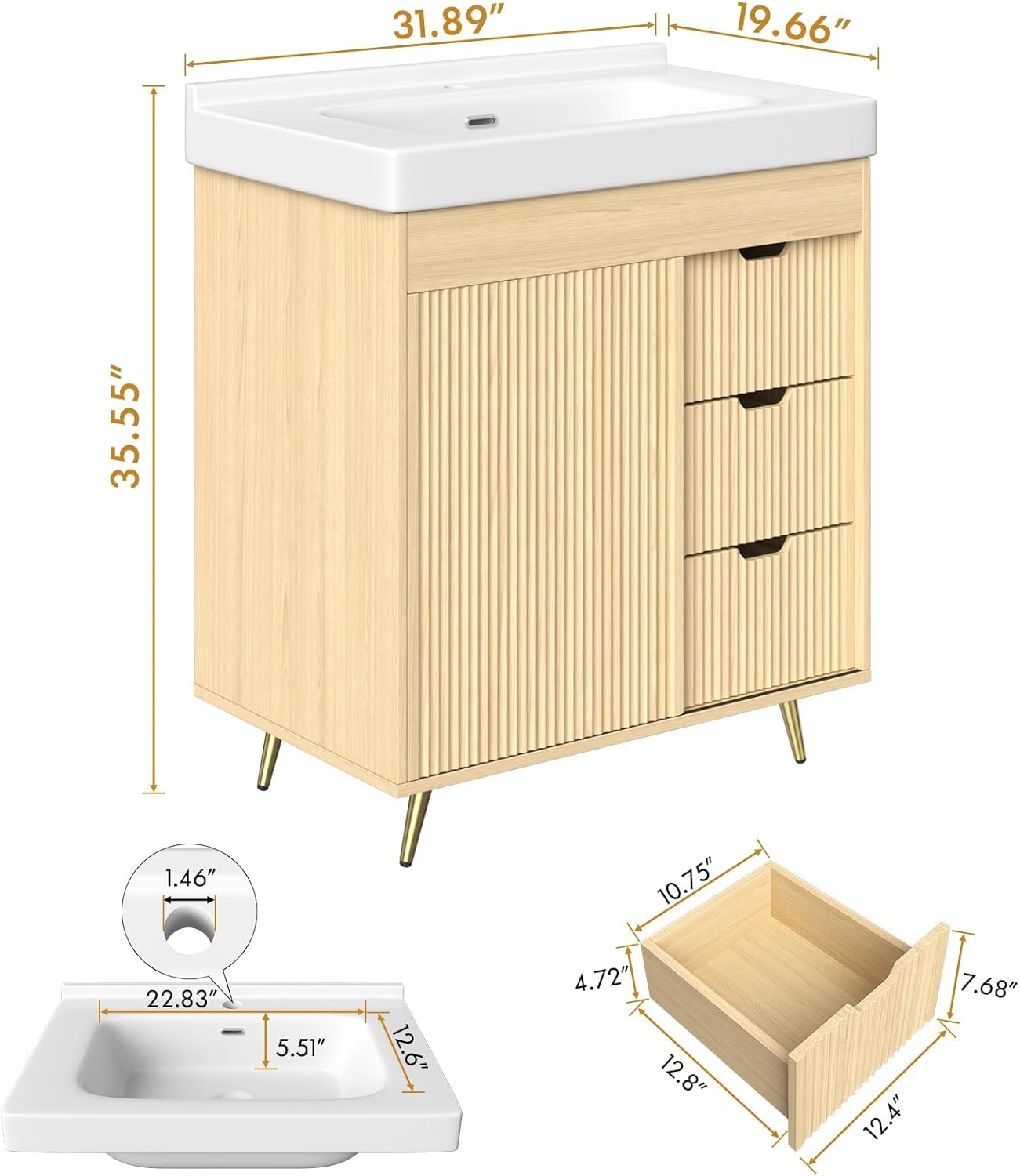 Bathroom Vanity with Sink, 31'' Bathroom Sink Cabinet with Glide Door and 3 Drawers, Ceramic Sink Vanity Modern Minimalist Striped Design, Mirror, Faucet & Drain Included (Natural)