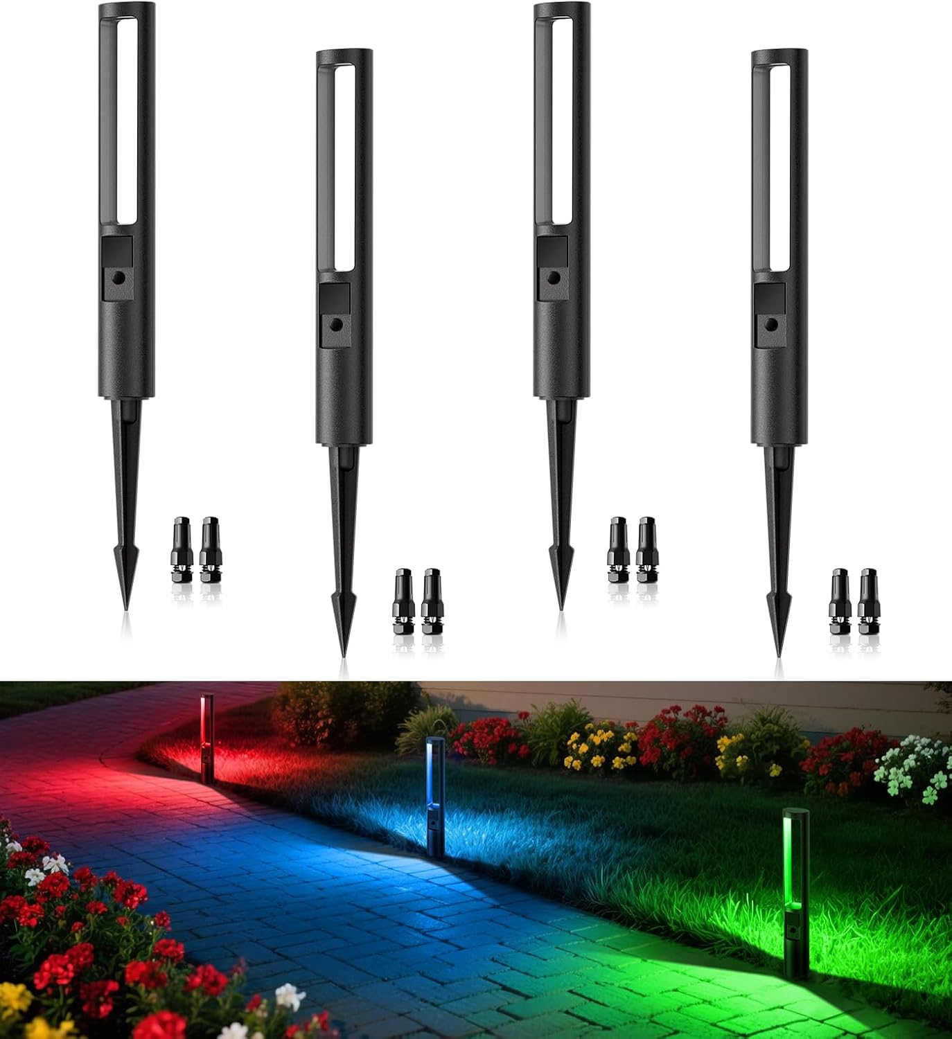MEIKEE 5W RGB Low Voltage Landscape Lighting, 12-24V Color Changing RGB Landscape Lights, IP66 Waterproof Aluminum Outdoor Pathway Lights for Garden Yard Path Decoration 4 Pack (Non-Dusk to Dawn)