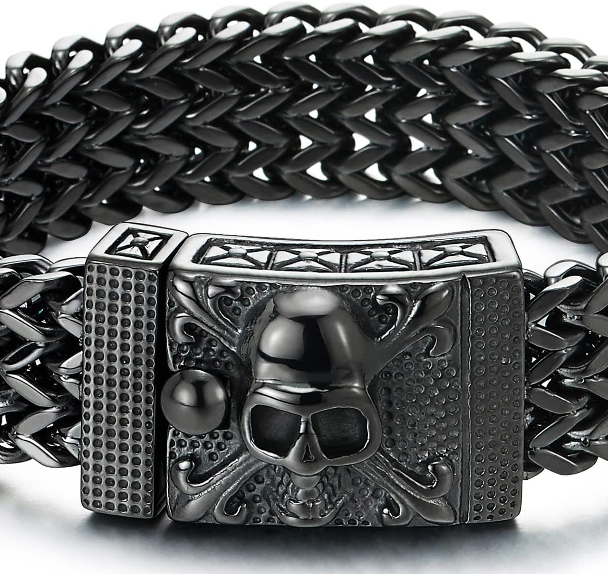 COOLSTEELANDBEYOND Mens Large Stainless Steel Franco Link Curb Chain Bracelet with Pirate Skulls Clasp