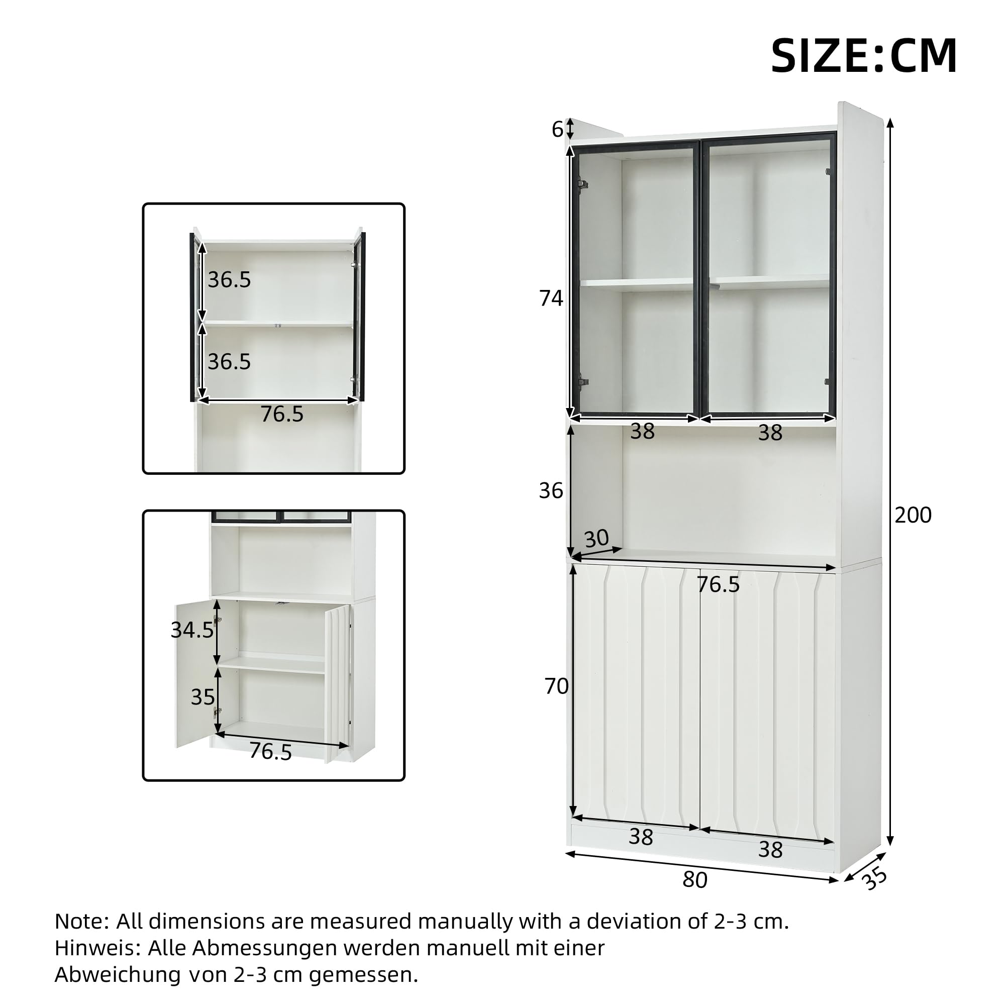 Vitrina LED de 80 x 35 x 200 cm, armario alto con puertas de cristal, armario alto de cristal con LED y partición abierta, armario de salón con puertas de cristal, cocina, estudio, entrada
