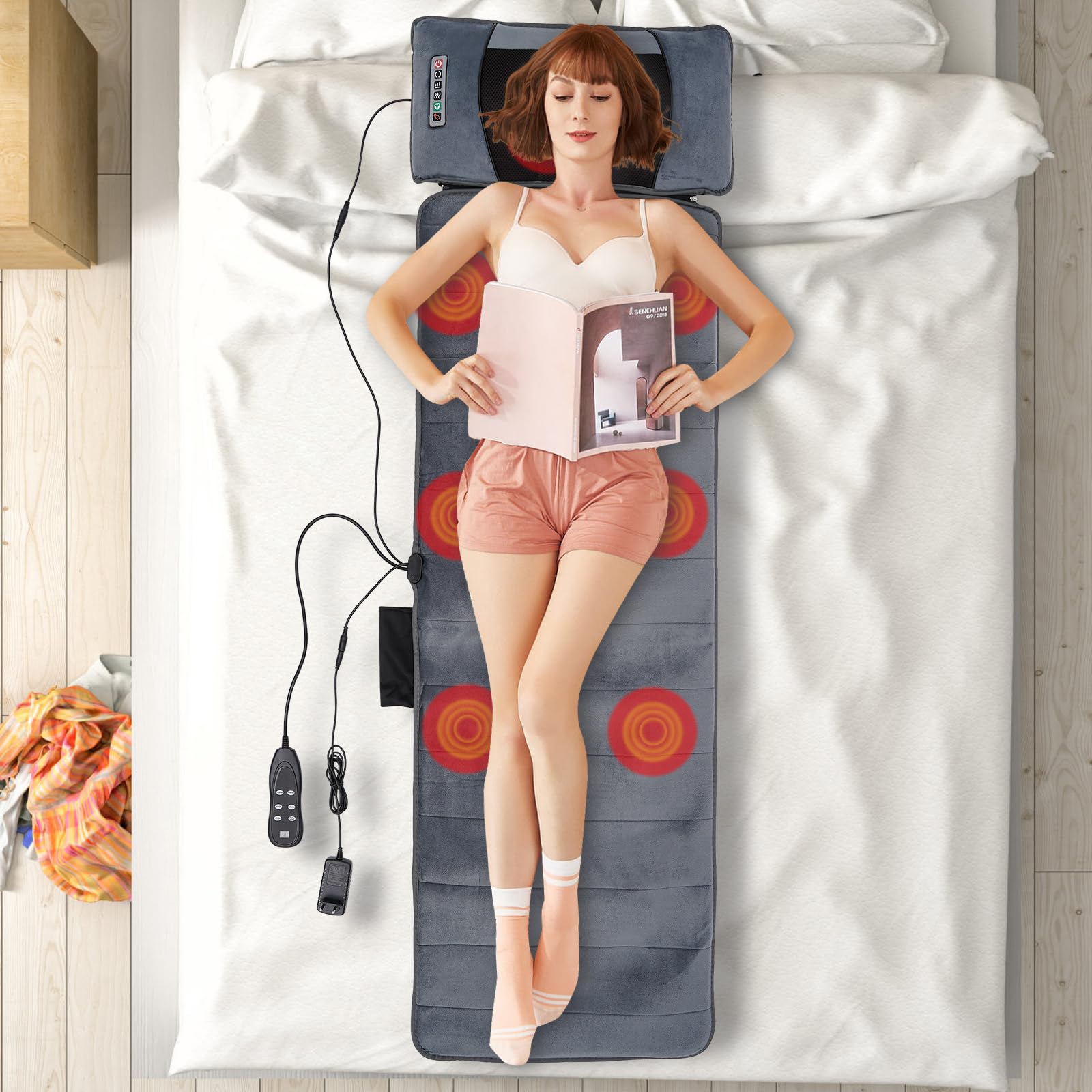 Alfombra de masaje para todo el cuerpo, 9 modos de masaje mate masajeador vibración, función térmica rolling con 10 motores vibrantes, para cuello, espalda, tamaño, caderas