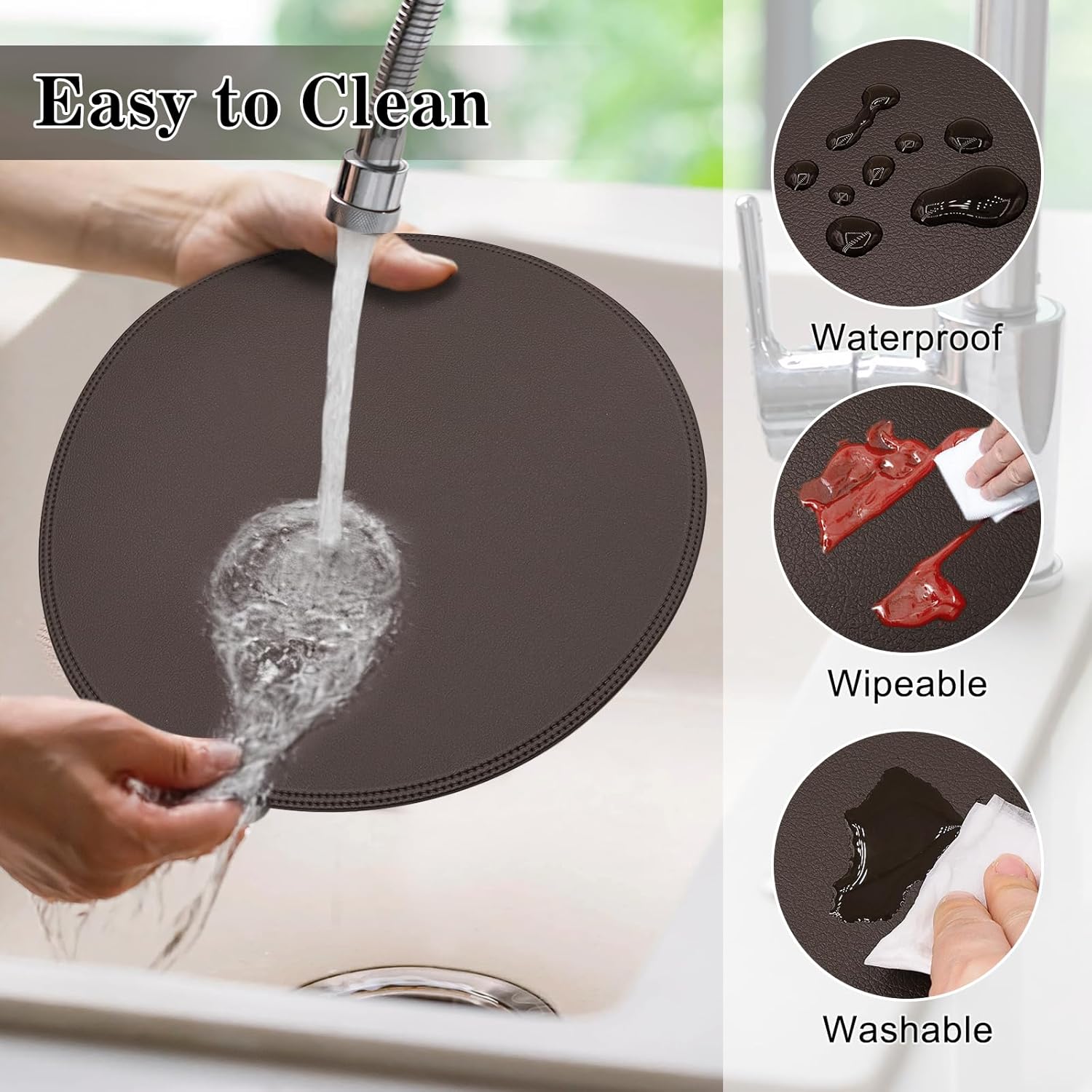 15" Faux Leather Round Placemats Set of 6, Vinyl Heat Resistant Place Mats, Waterproof Wipeable Washable Table Mats for Dining Table Kitchen Decor