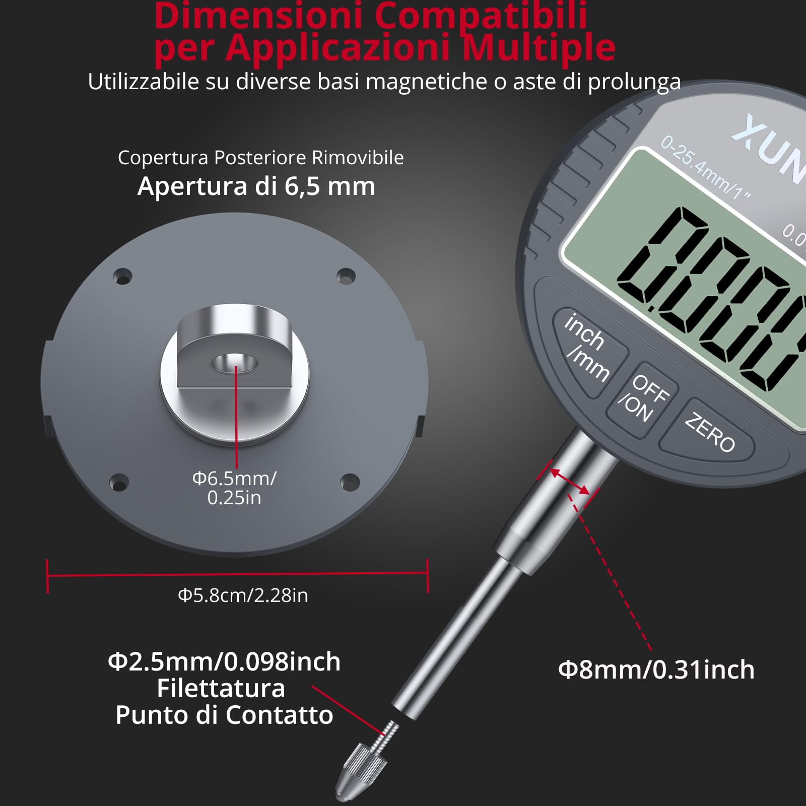 XUNTOP Comparatore Centesimale Digitale 0-25.4mm/1" Supporta Commutazione mm/pollice Indicatore Digitale DTI con Sonda Digitale 25.4mm Misuratore Digital Precisione 0.01mm per Stampanti 3D, Tornio