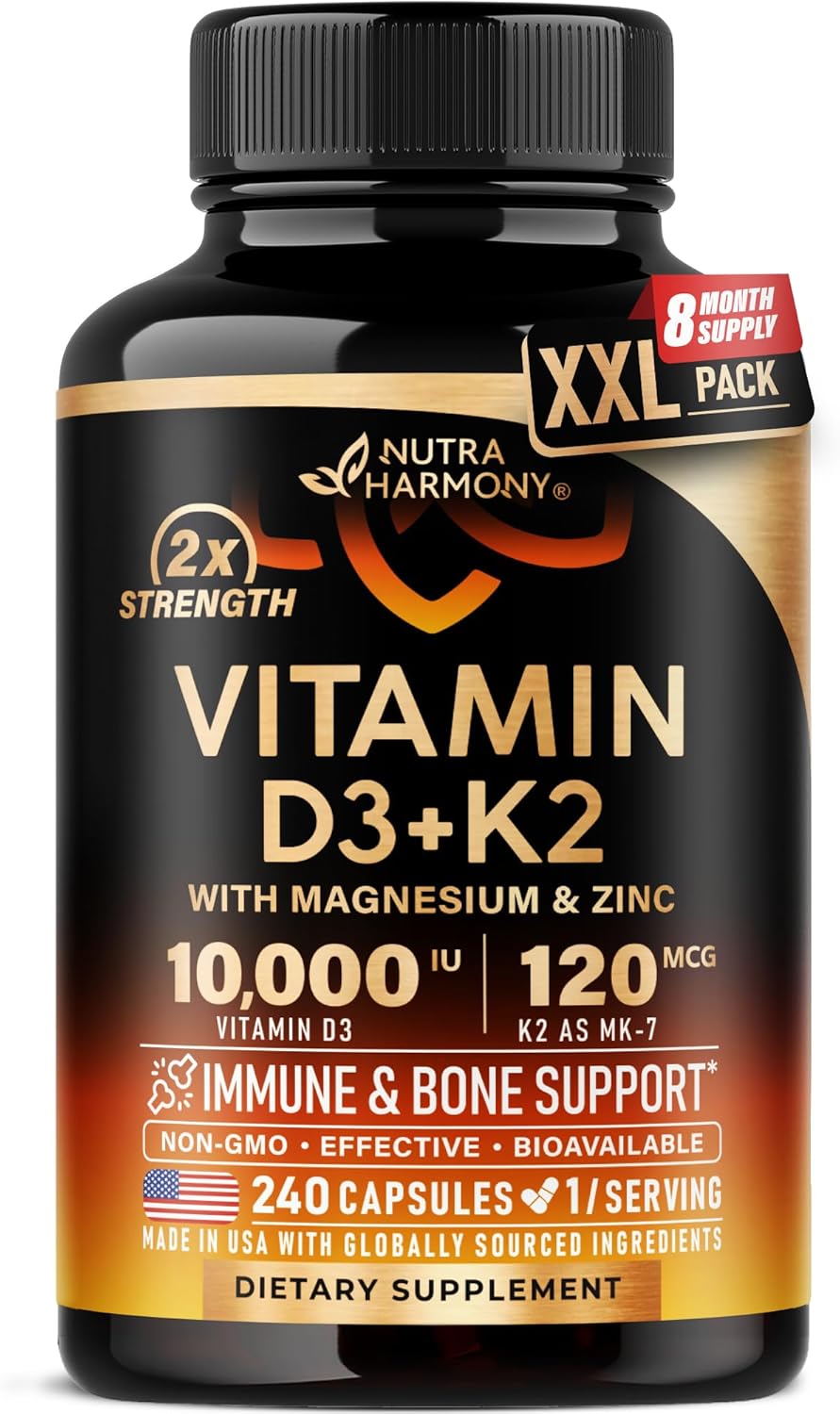 Vitamin D3 K2 - Vitamin D3 10000 iu & K2 as MK-7 120 mcg - Immune & Mood Support, for Bone & Teeth Health - with Magnesium, Zinc & Vitamin C & B12 - Highly Bioavailable - Made in USA, 240 Capsules