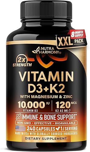 Vitamina D3 K2 – Vitamina D3 10000 iu y K2 como MK-7 120 mcg – Apoyo inmunológico y del estado de ánimo, para la salud de huesos y dientes – con