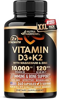 Vitamin D3 K2 - Vitamin D3 10000 iu & K2 as MK-7 120 mcg - Immune & Mood Support, for Bone & Teeth Health - with Magnesium, Zinc & Vitamin C & B12 - Highly Bioavailable - Made in USA, 240 Capsules