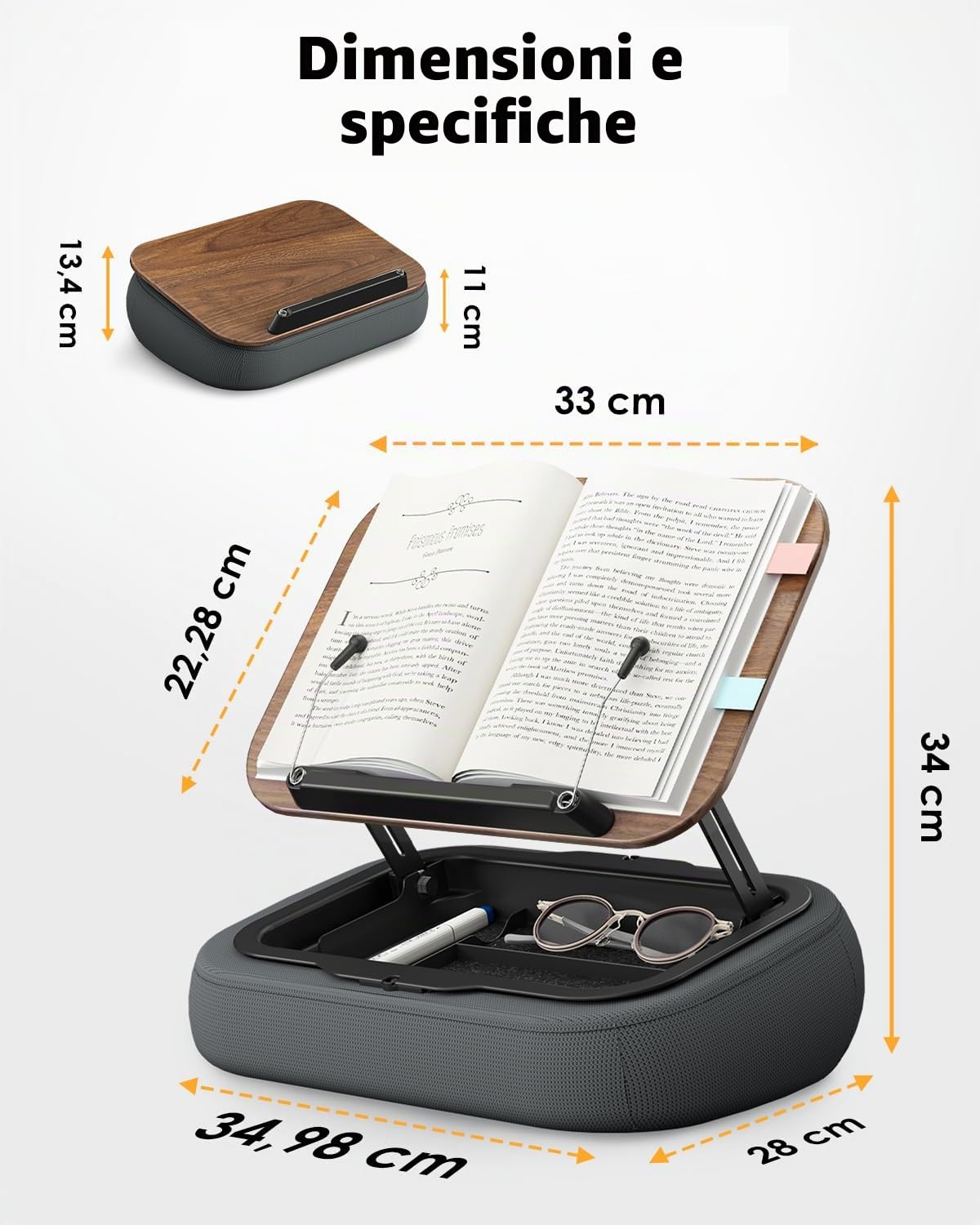 SupeDesk Supporto per libri da leggere, regolabile, per divano, letto, scrivania, morbido cuscino da lettura con clip laterale e spazio di archiviazione, pieghevole, a mani libere, essenziale per gli