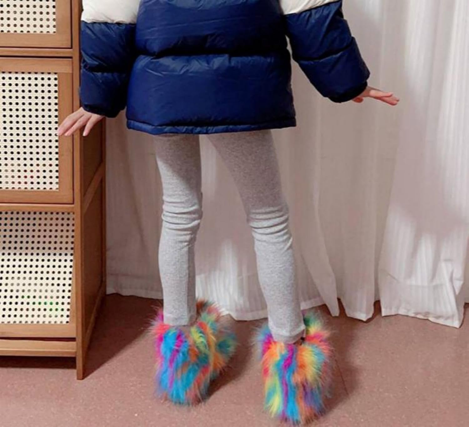 Girls Faux Fur Mid-Calf Snow Boot Winter Warm Furry Fluffy Shoes