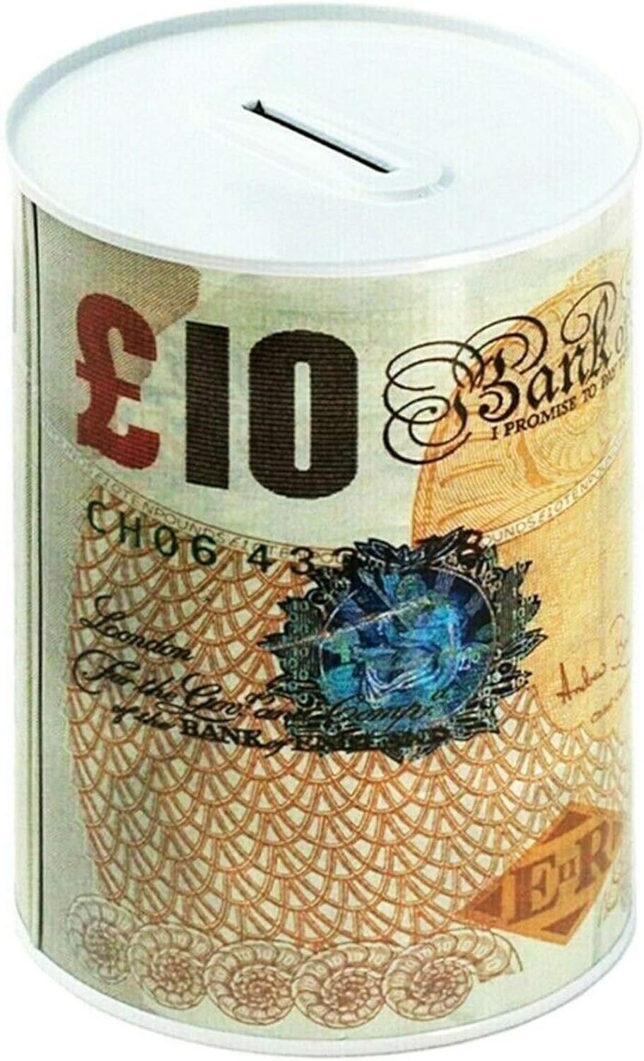 Mea £10 Design Pound Notes Design Money Box Tin £5, £10, £20, £50 Gbp | Savings Cash Tin For Kids & Adults | Piggy Bank With Uk Banknote Print | Multicolour & Size Cash Storage