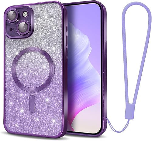 TURYXIA Funda magnética con purpurina para iPhone 15 Pro Max compatible con MagSafe, con protector de lente de cámara y correa de cordón, bonita