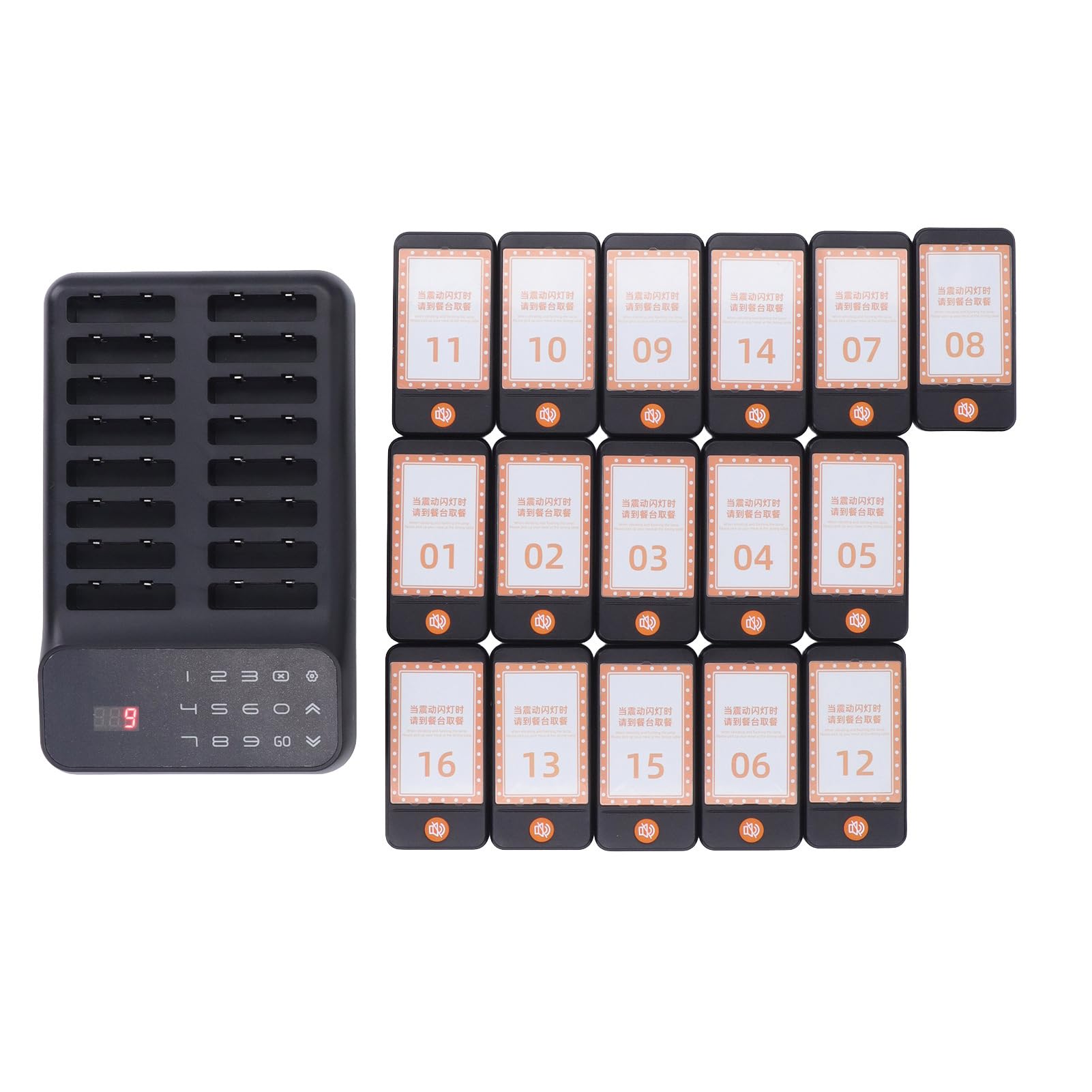 Domary Cercapersone Wireless per Ristoranti, 16 Cicalini Ospiti con | Costruzione in ABS, Display LED a 3 Cifre, Batteria Al Litio da 150 MAh, Alimentazione a 12 V, Coda Interna per Bar e