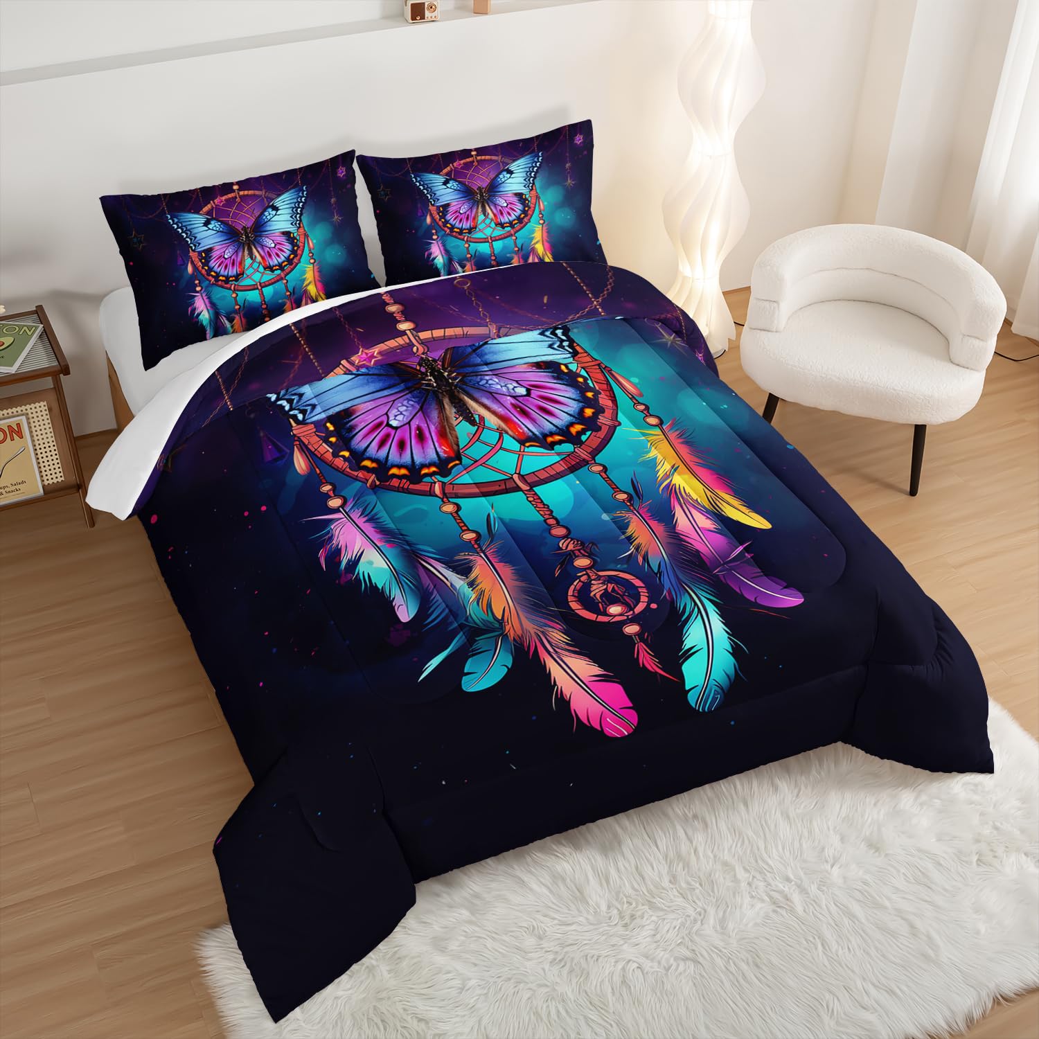 HOSIMA Set di biancheria da letto con acchiappasogni, 3 pezzi, stile indiano, hippie, piume, stile bohémien, chic, per adolescenti, adulti, ragazze, decorazione per la camera dei nativi americani,