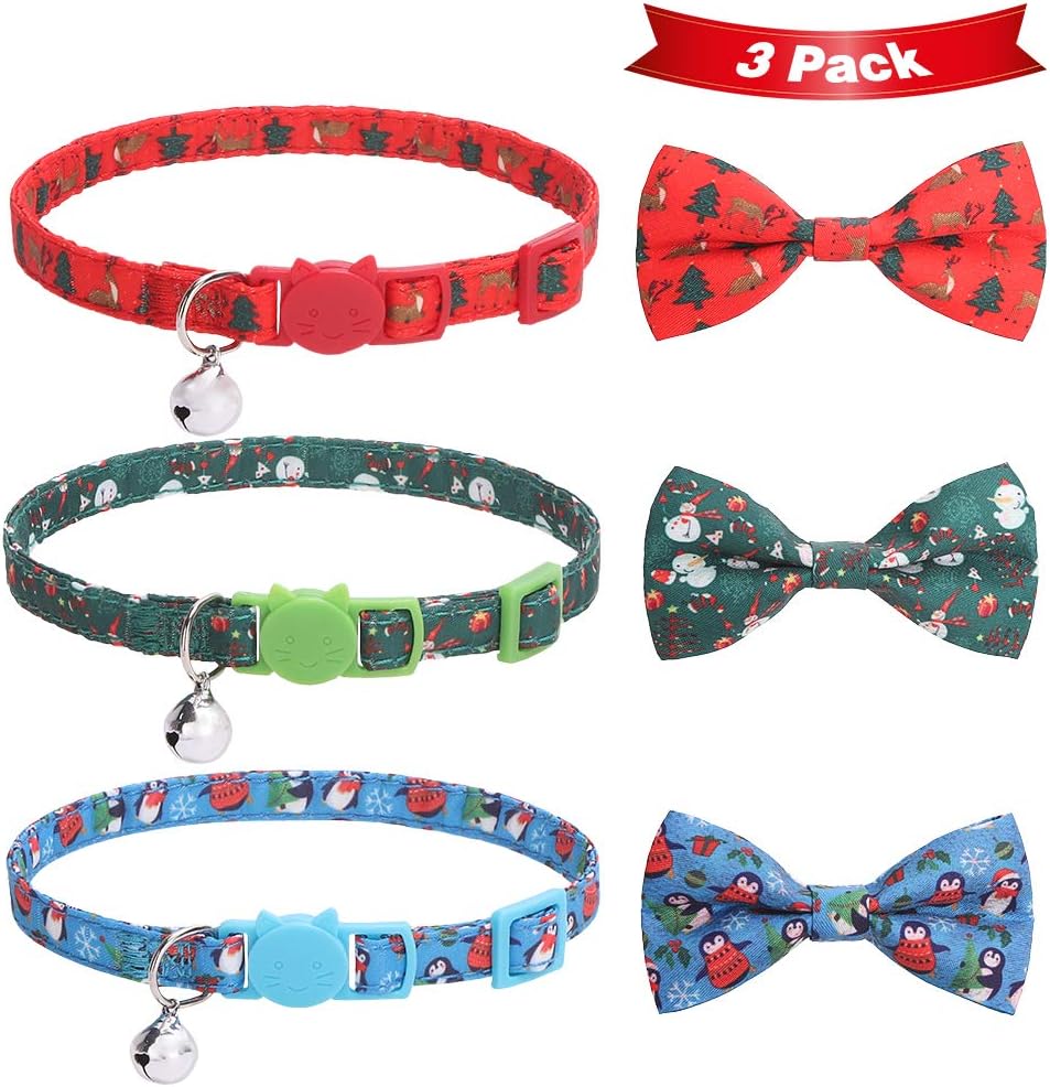 Christmas Cat Breakaway Collar Bowtie with Bell 3 Pcs - Adorable Santa Cat Collars Accessories with Xmas Design Snowman Elk Penguin Pattern