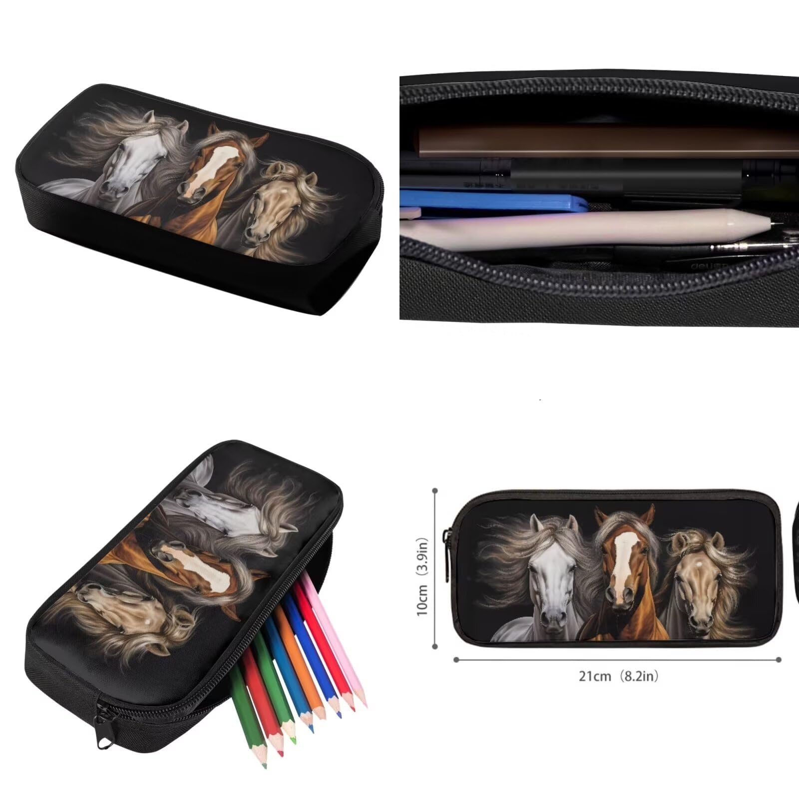 COEQINE Juego de 4 mochilas con temática de caballos para niños, adolescentes, niñas, lonchera, estuche para lápices, botella de agua grande, Caballos negros