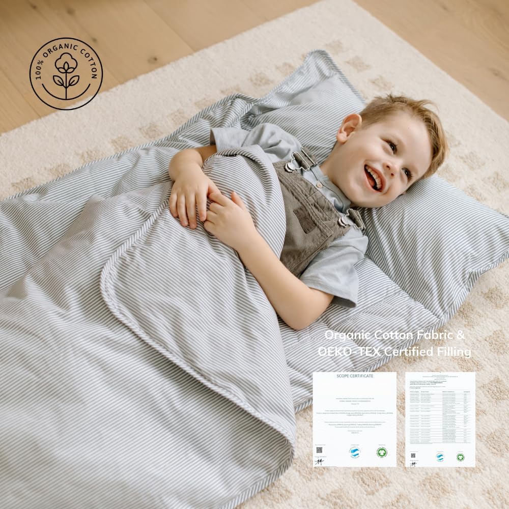 Organic Toddler Nap Mat – 100% Cotton Kids Washable Sleeping Mat & Detachable Pillow – Sleeping Bag with Soft 1.5” Pad – Ideal Nap Mat for Daycare, Preschool, & Sleepovers