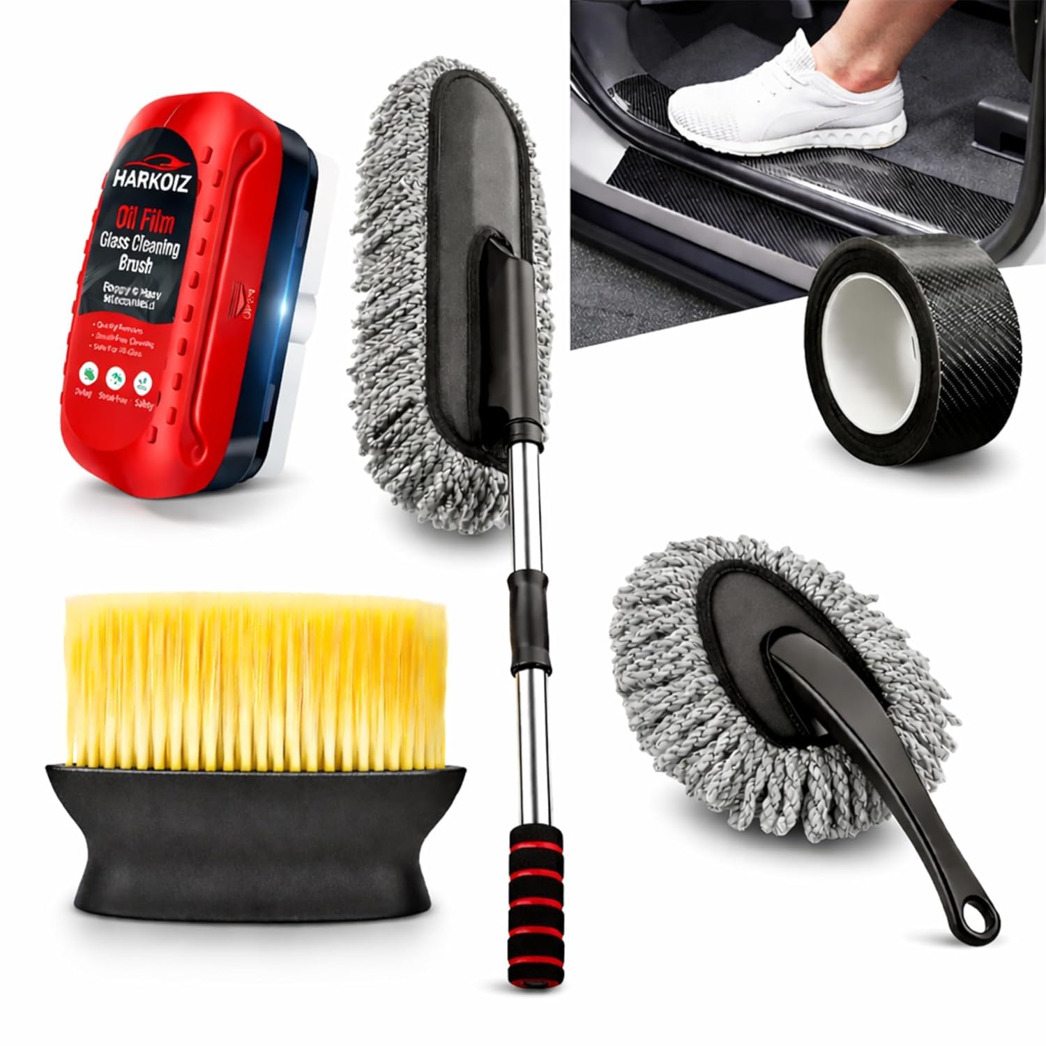 5 Pcs Car Cleaning Kit – Microfiber Car Wash Mop with Extendable Handle, Windshield Oil Film Cleaning Brush, Interior Detailing Dust Brush, Carbon Fiber Door Protector Strip-image-31