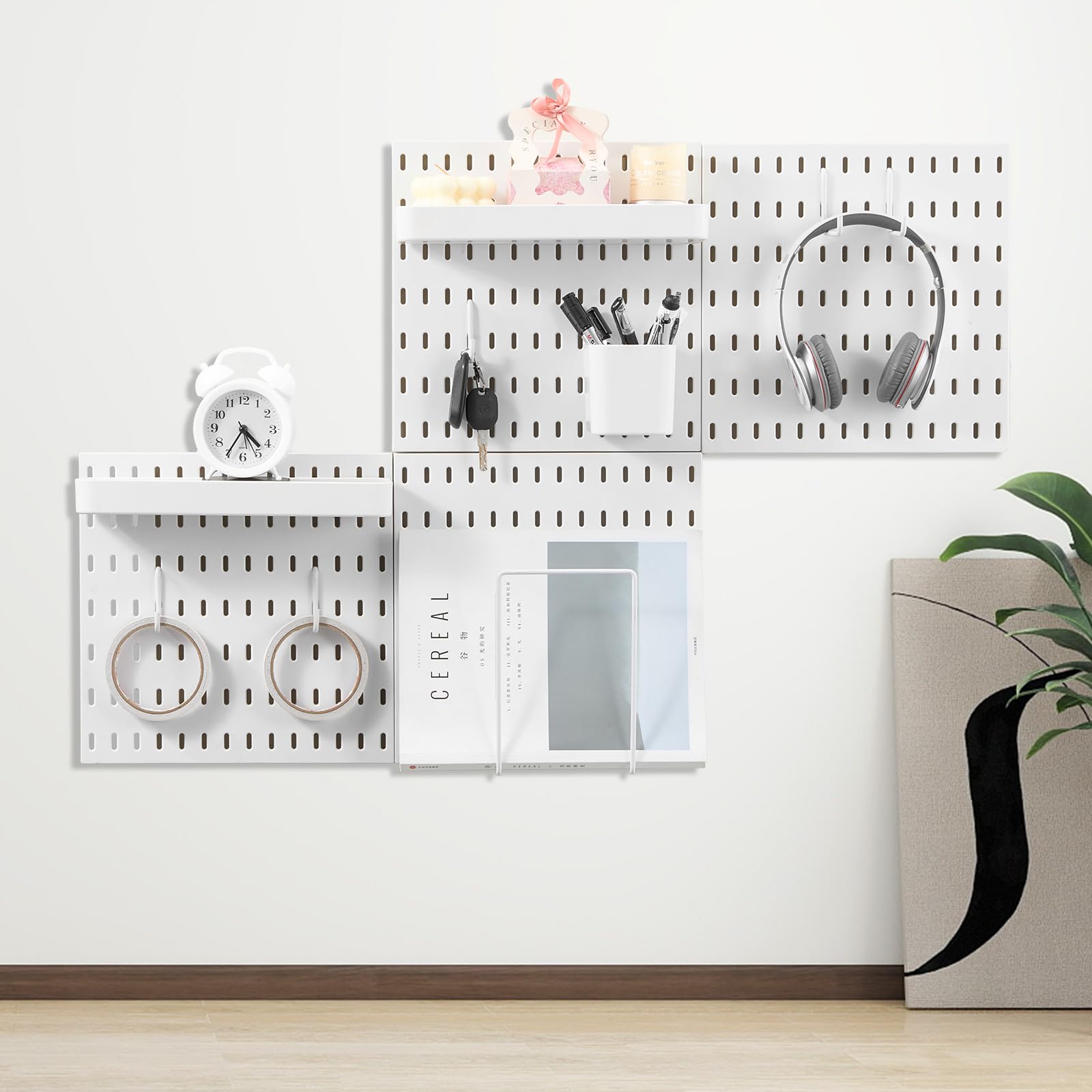 VEVOR Porta Attrezzi da Parete 28 x 28 cm Set di 4 Organizzatore da Parete in Plastica con Accessori per Garage, Porta Attrezzi, Cucina, Soggiorno, Stanza Artigianale, Ufficio, Bagno, Casa, Bianco
