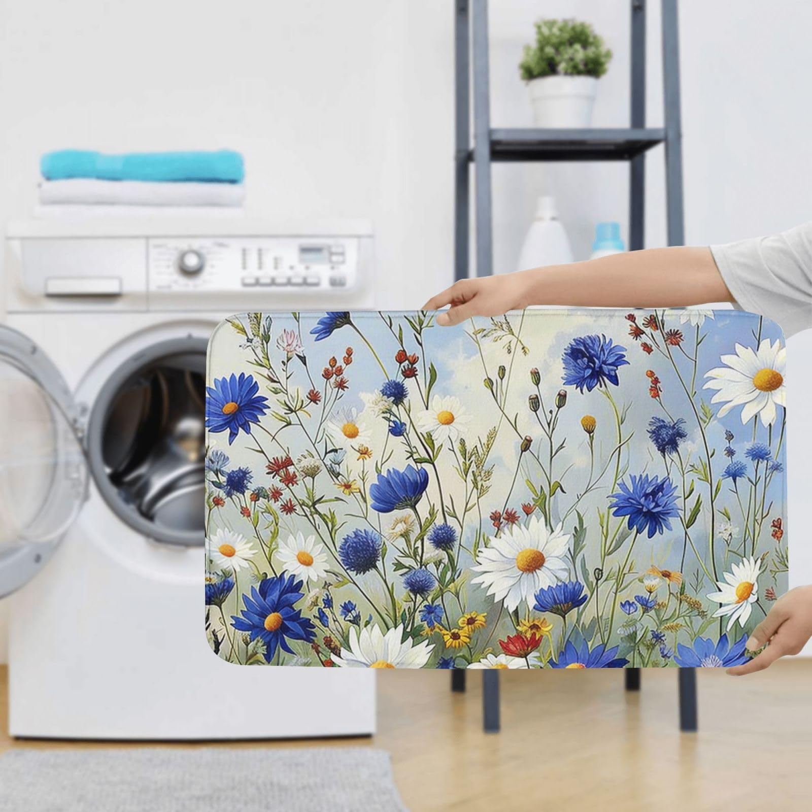 Lot de 3 tapis de bain en flanelle avec motif fleurs sauvages et bleuets, marguerites, tapis de bain + tapis contour + housse de siège de toilette, tapis de bain absorbant antidérapant