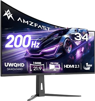 Amzfast 34 Inch Curved Gaming Monitor 200Hz UWQHD 3440x1440, AMZG34C8