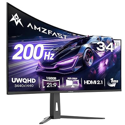 Amzfast 34 Inch UltraWide Curved Monitor 200Hz UWQHD 3440x1440 Gaming Monitor, 1ms G-SYNC Compatible, 1500R, PIP/PBP, 131% sRGB, 96% DCI-P3, Height Adjustable,TÜV Rheinland, HDMI 2.1 x 2 & DP 1.4 x 1