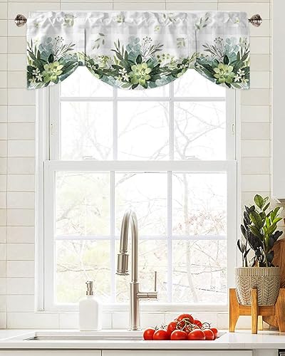 Miniatura 4 de Cortina de cenefa con lazo de eucalipto floral para cocina, sala de estar, dormitorio, baño, cafetería, bolsillo para barra, panel de cortina