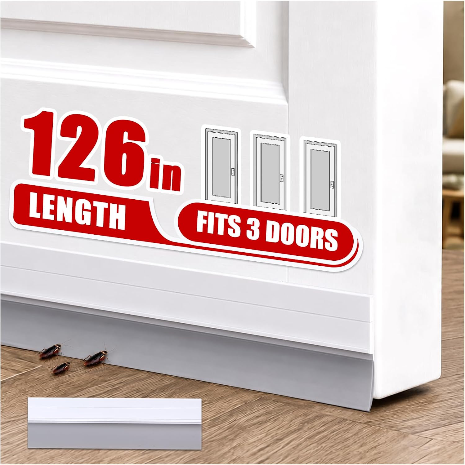 9 Pack Hard Door Draft Stopper for Bottom of Door, 126 Inch Total Adjustable Door Sweep, Self-Adhesive Weather Stripping Door Seal Gap Filler for 3 Doors, White