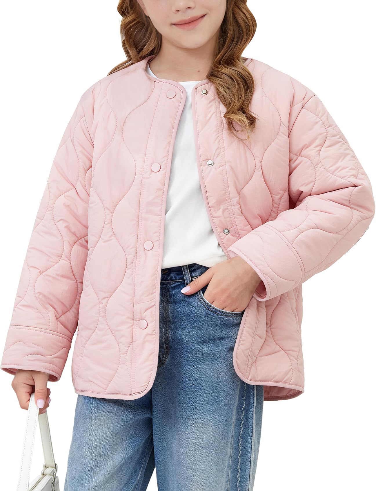Girls Lightweight Quilted Jackets Warm Snap Button Puffer Coat Kids Trendy Padded Outerwear with Pockets