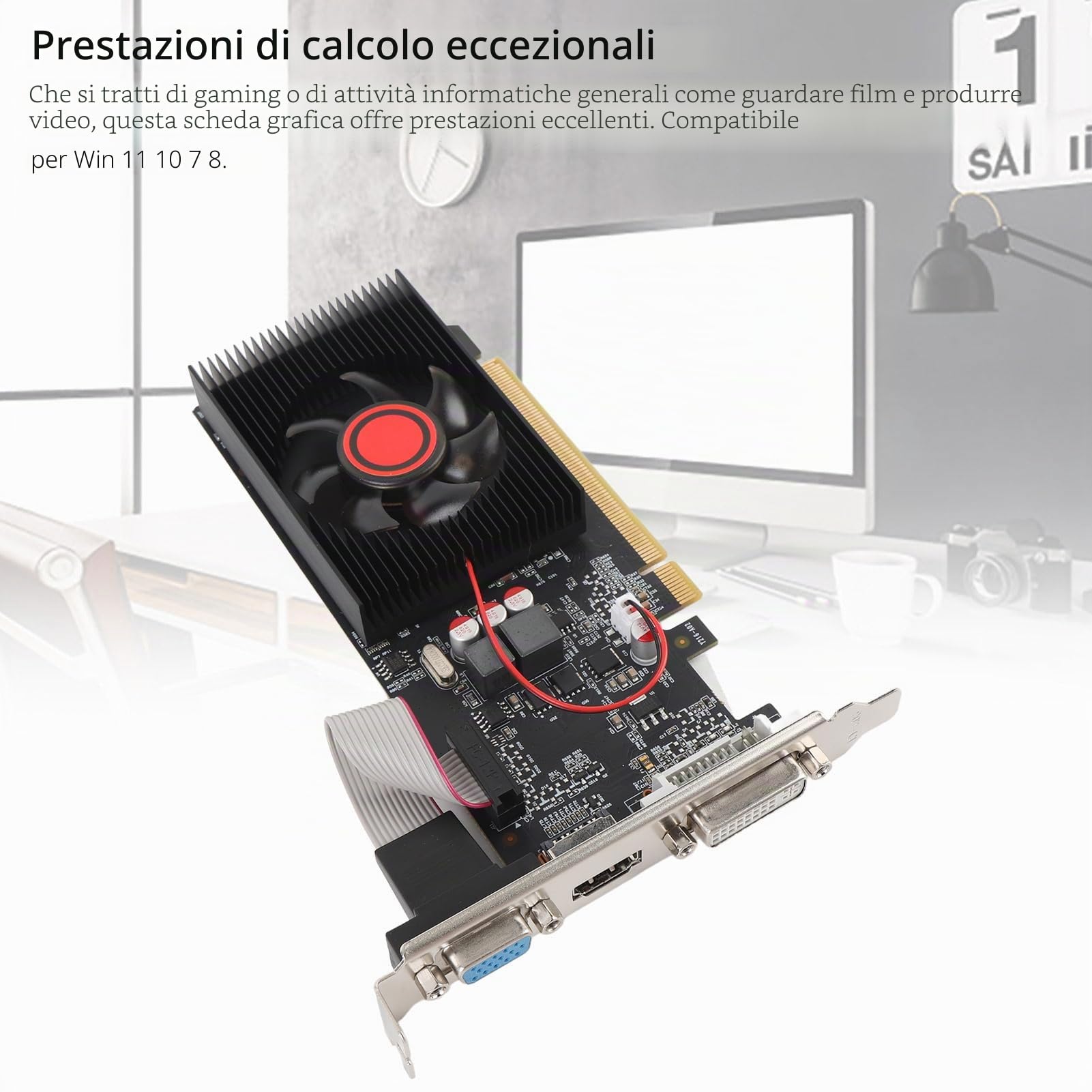 Yanmis Scheda Video per Computer, Scheda Grafica da Gioco DDR3 da 1 GB a 64 Bit con Ventola di Raffreddamento, PCI Express 2.0 16x, Interfaccia Multimedia DVI VGA HD per PC