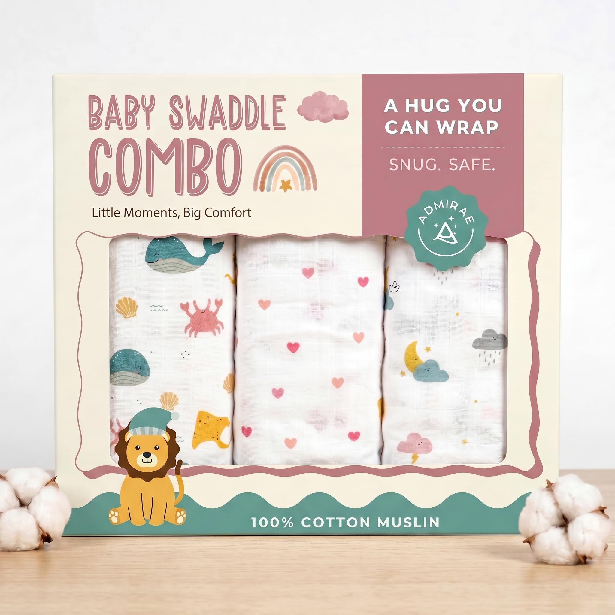100% Cotton Muslin Baby Swaddle Set, Baby and New Born,105x100cm, 0-18 Months,Cotton Mulmal Muslin Swaddle Wrap, Pack of 3, Ocean Dreams and Hearts (Sea Animals, Hearts, Moon and Clouds)-image-8