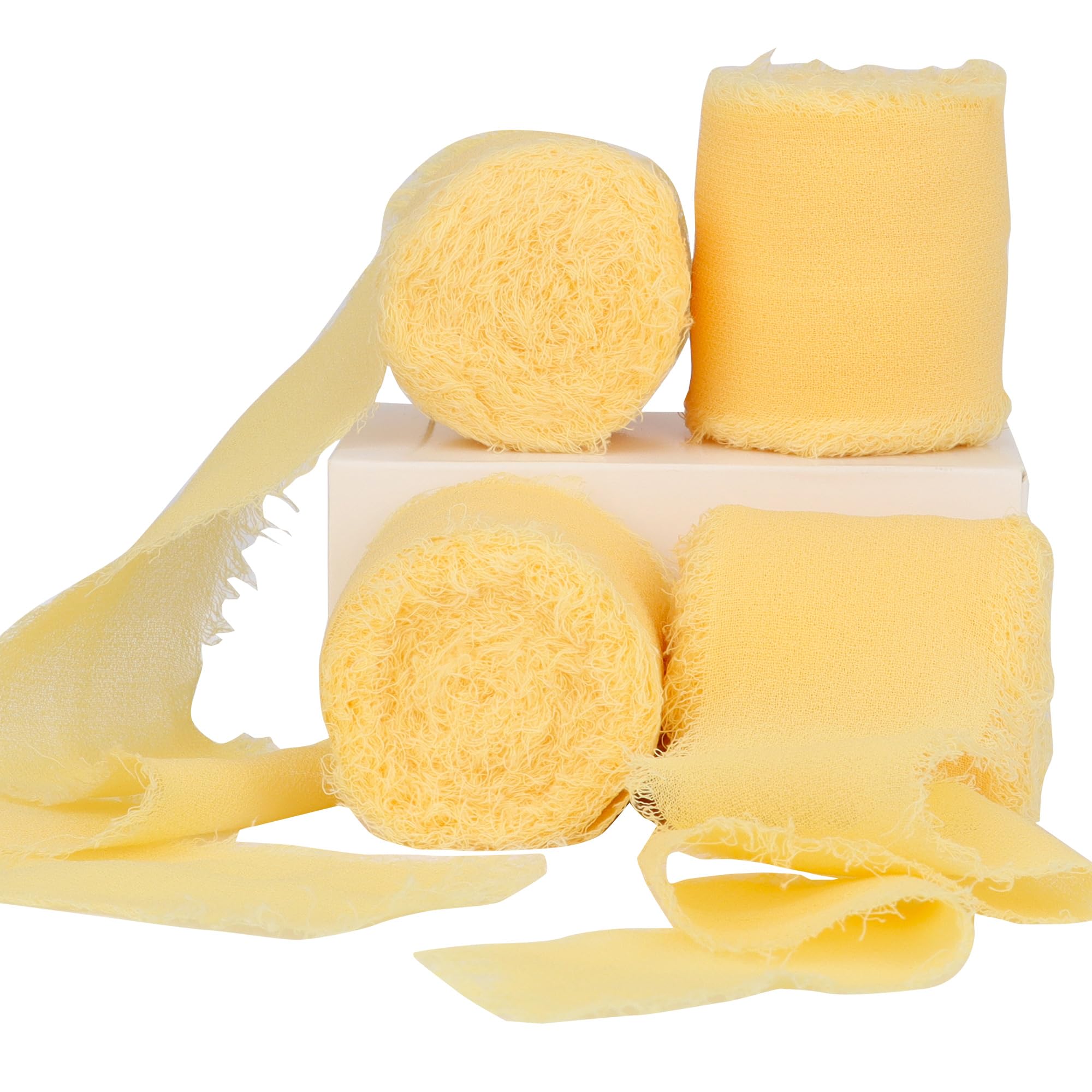 4 Rolls Chiffon Silk Ribbon With Frayed Edge - 1-1/2 Inch Wide, 21 Yards Long - Handmade Fringe for Crafts, Weddings and Home Decor - Cream Yellow #176