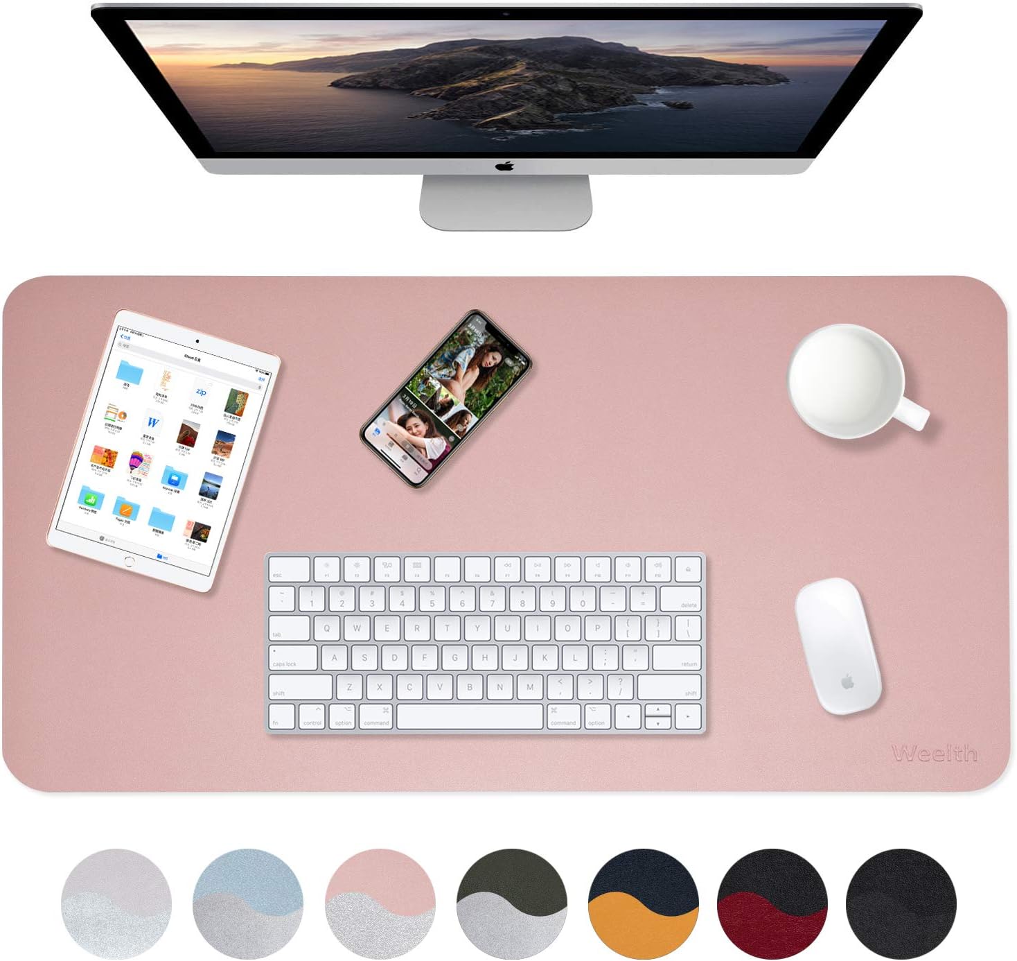 WeelthMultifunctional Office Desk Pad,31.5" x 15.7" Waterproof Desk Pad Protector PU Leather Dual-Sided Desk Writing Pad for Office/Home (Pink/Sliver