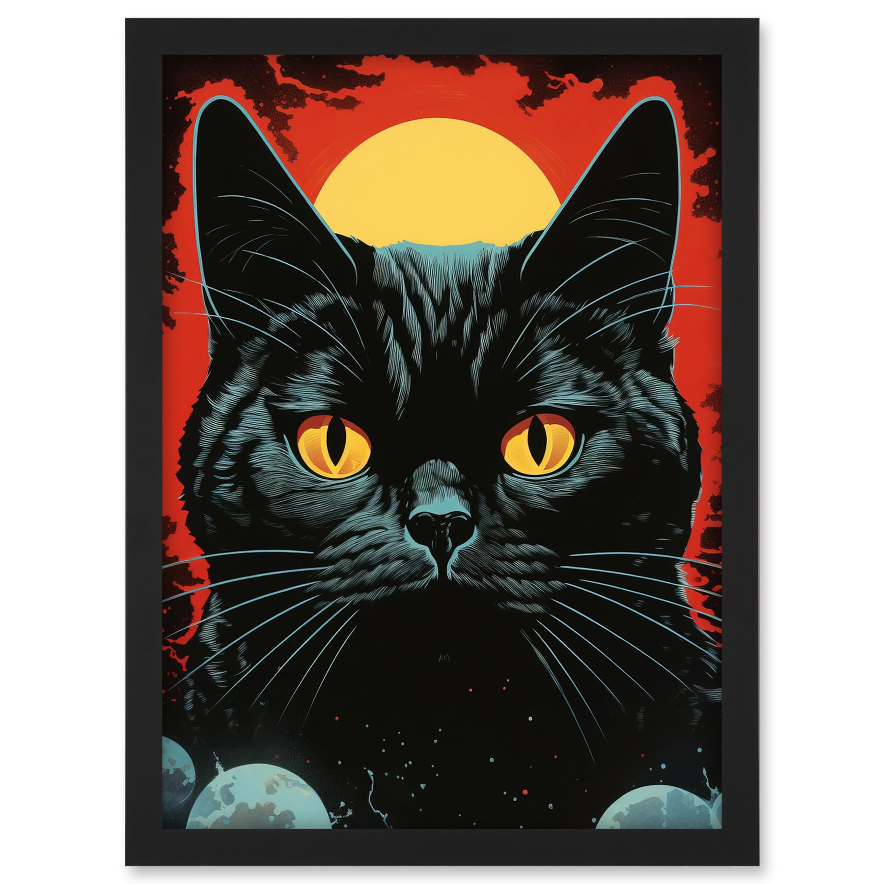 Artery8 In the Shadow of the Celestial Black Cat Vintage Pulp Art Sci-Fi Cover Artwork Red Yellow Blue Solar Eclipse Artwork Framed A3 Wall Art Print