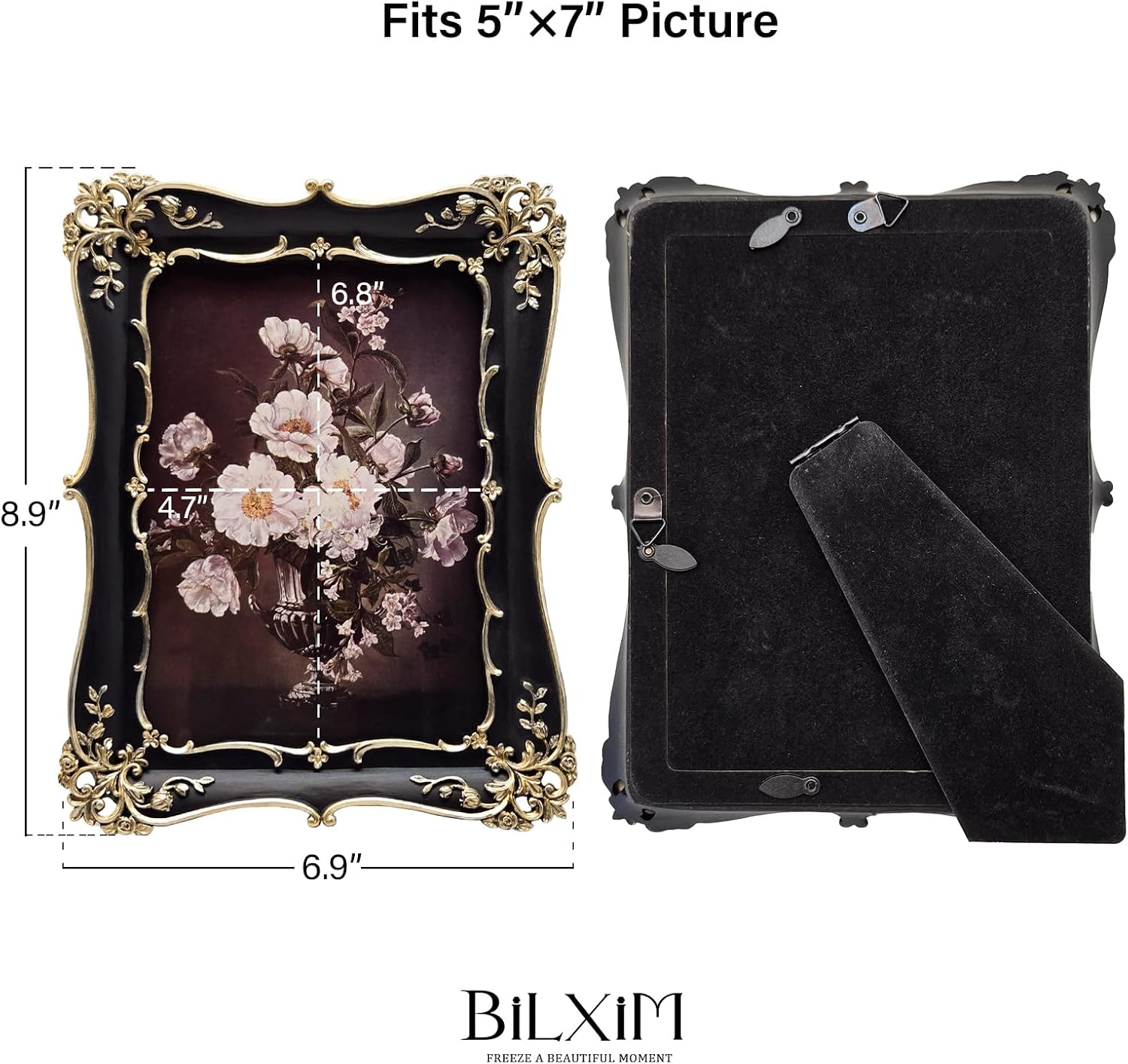 5x7 Vintage Picture Frame, Antique Black and Gold Ornate Photo Frame for Wall Hanging or Tabletop Display, Decorative Floral Design Retro Home Decor, Photo Gallery Art
