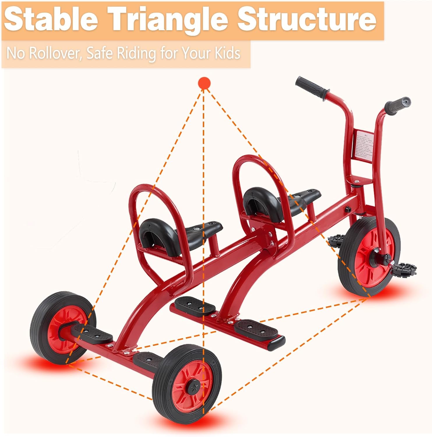 Kids Tricycle for Toddler Ages 3+, Preschool Kids Trike Bike with Non-Slip Pedal and Airless Rubber Wheels, Outdoor Playground Daycare Kid's Balance Bike, Gift for Boys and Girls (Tandem-Red)