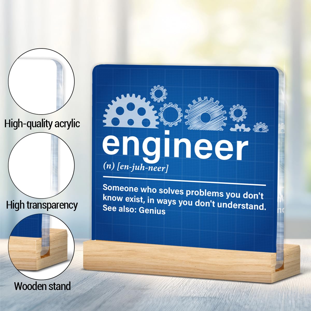 Engineer Gifts for Women Men, Gifts for Engineers Mechanical Engineering, Engineer Definition Acrylic Plaque Sign with Wood Stand Home Office Decor