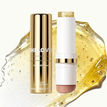 Cream Blush Stick pH-Activated, 3-in-1 Blush Stick for Cheeks, Eyes & Lips, pH Adjusting Blush Gold Flakes Multi-Use Makeup Stick with Built-In Brush, Natural, Sheer, Fresh Glow Finish