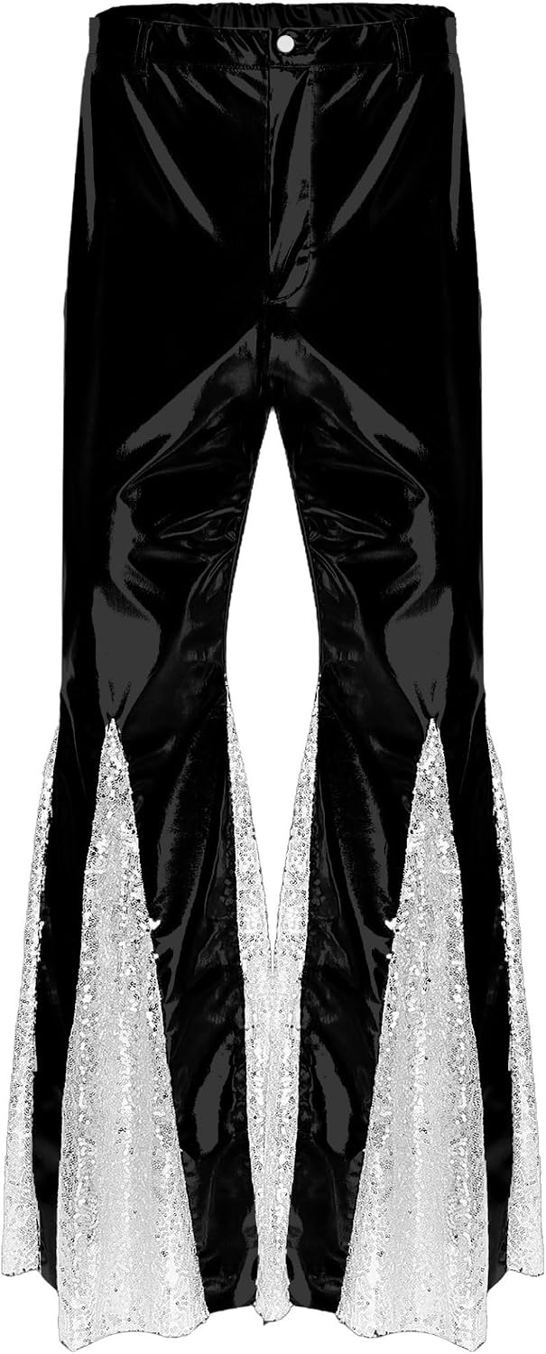 Linjinx Mens 70s Disco Sequin Pants Bell Bottoms Metallic Dance Halloween Party Costume