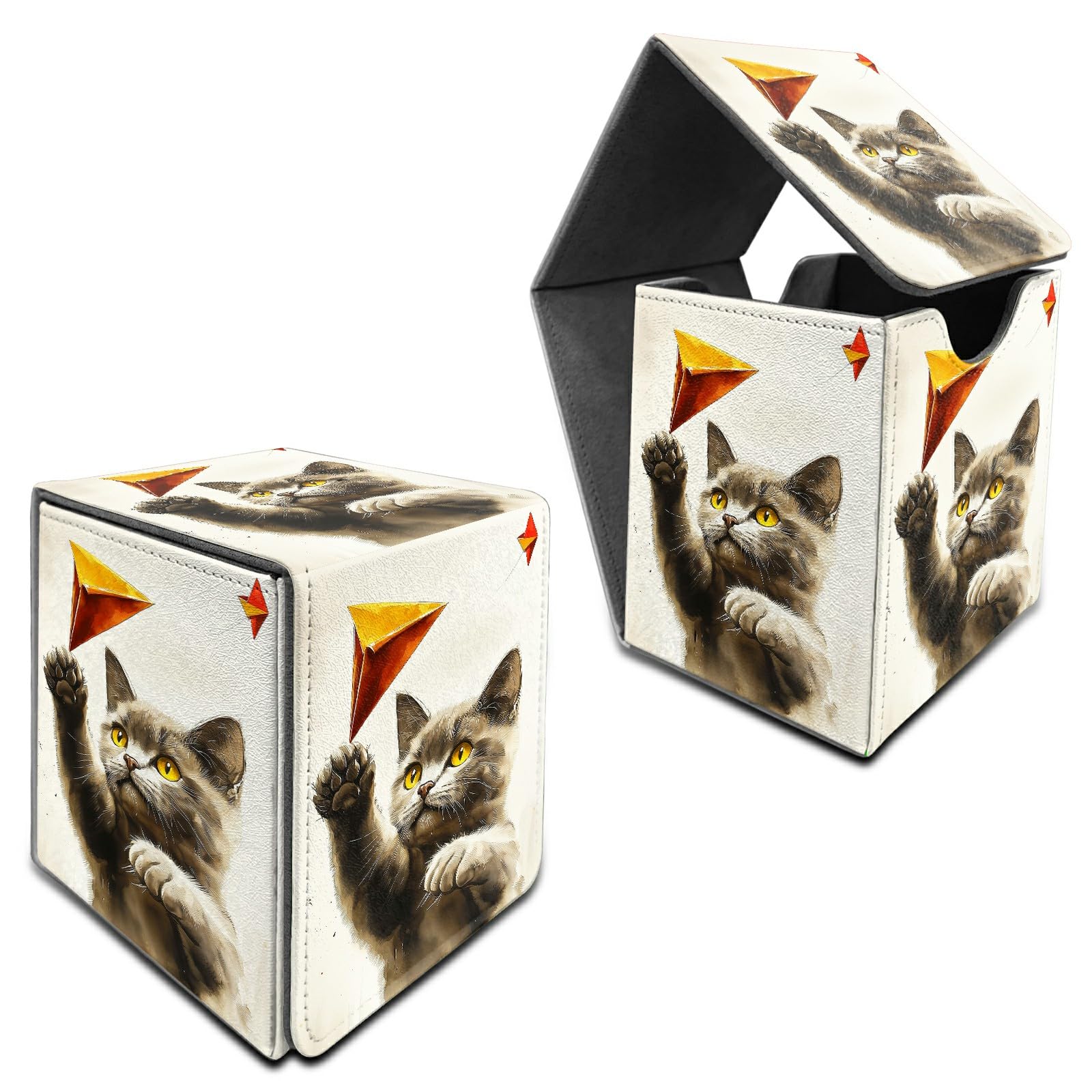RWUTYTIUL for MTG Commander Deck Box, Storage Box Fits 100+ Sleeved Cards, Leather Strong Magnet Card Deck Case Holder for Board Game Magic MTG TCG CCG Sports Baseball, Gray Cat Painting — image 1