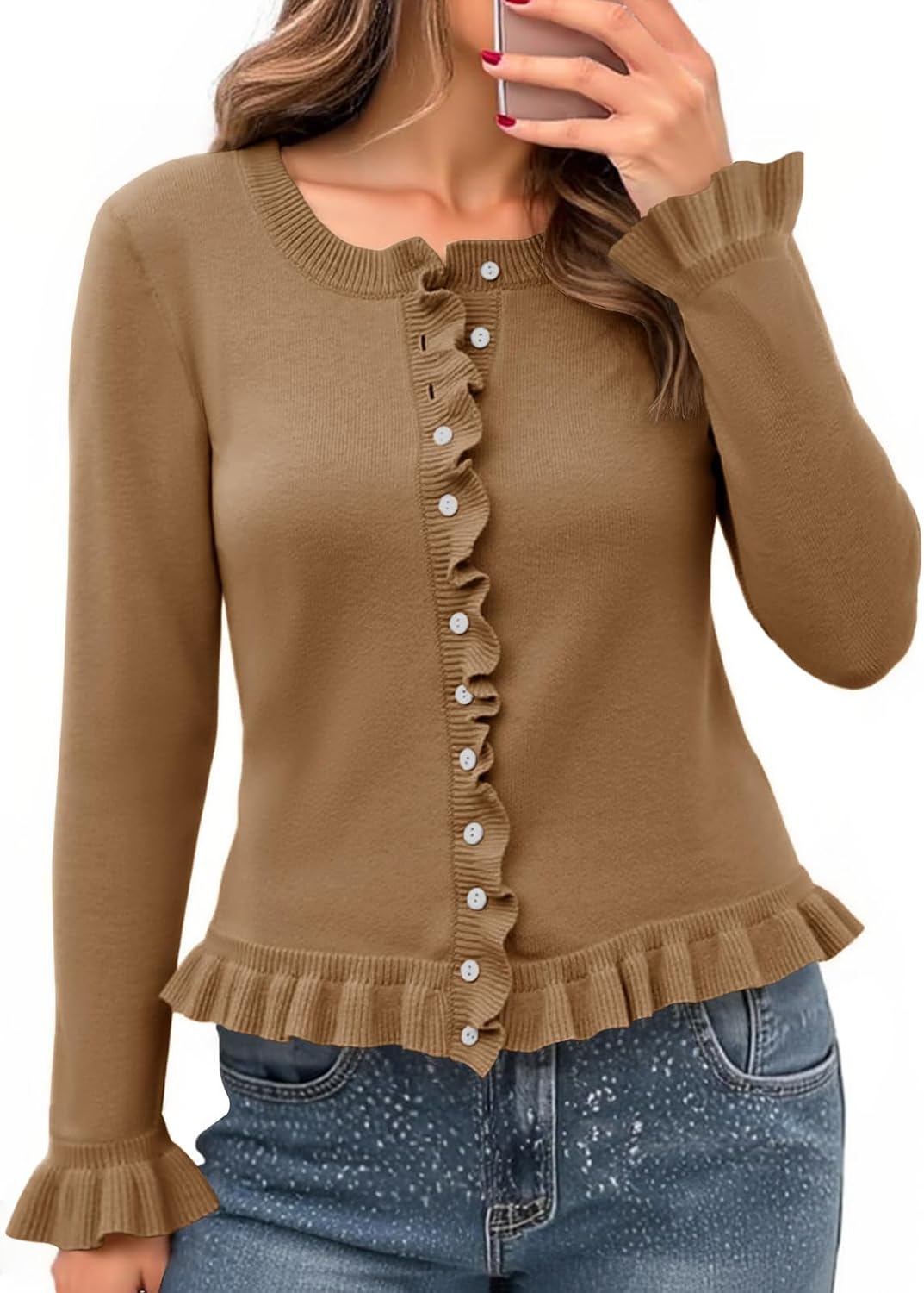 Saodimallsu Womens Ruffle Cardigan Sweaters Button Up Crew Neck Long Sleeve Cropped Sweater Cute Soft Knit Tops