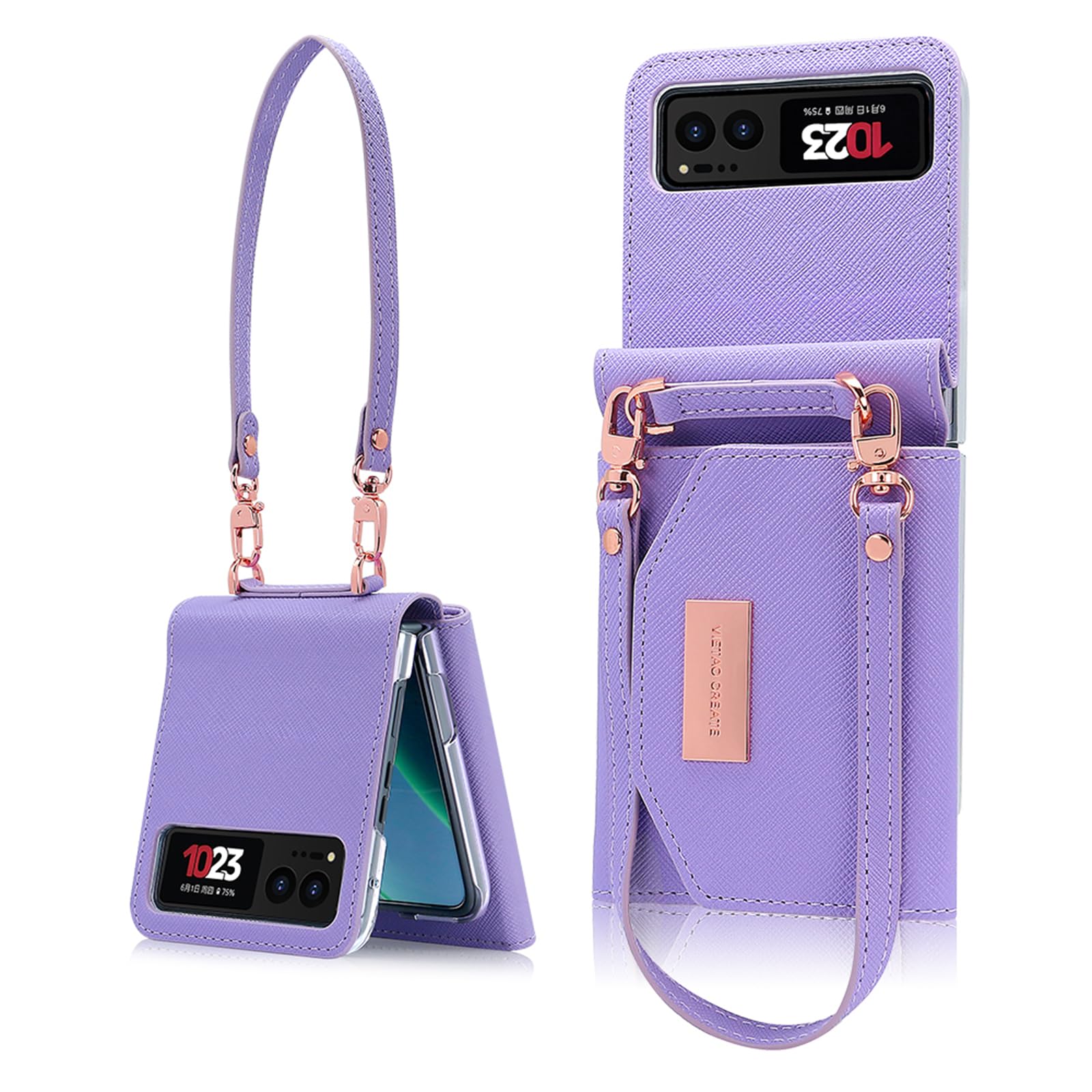 YQODSZ for Motorola Razr 2023 Wallet Case with Wrist Strap, Women Ladies Motorola Razr 2023 Flip Cover Card Holder Wristlet Strap Hinge Protection Motorola Razr 2023 Carrying Handbag Case Purple