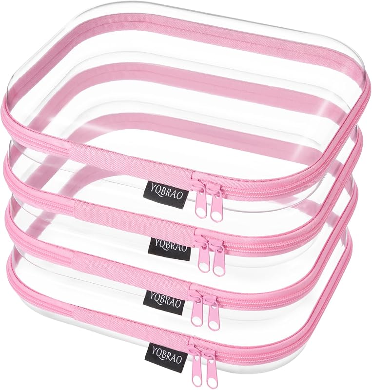 Necessaires transparentes rígidas com zíper YQBRAO, 4 unidades, rosa