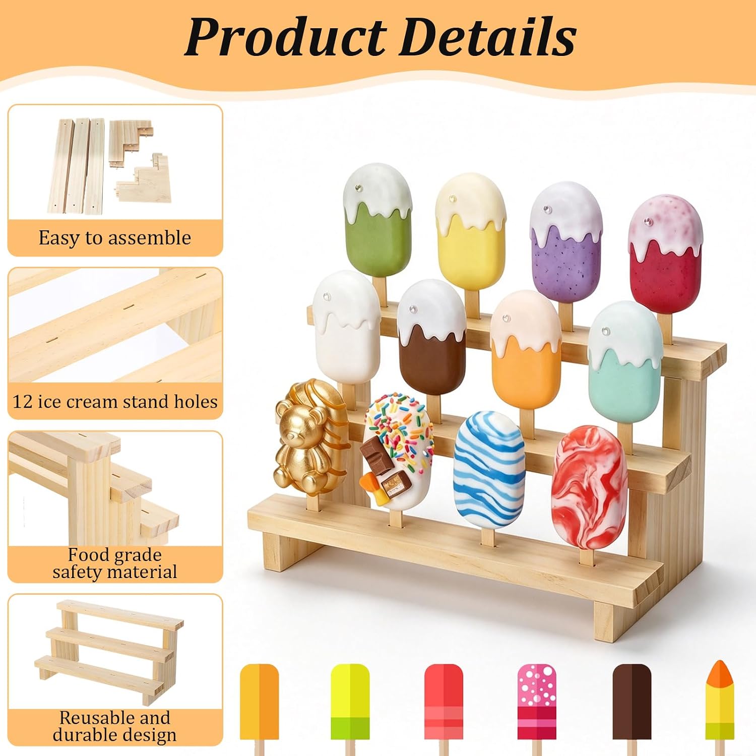2 Pack Wooden Cakesicle Stand, 3-Tier 12 Holes Cake Pop Display Holder, Reusable Pine Wood Lollipop Stand for Candy Sticks, Dessert Table Decor for Wedding Birthday Baby Shower (Original Color)