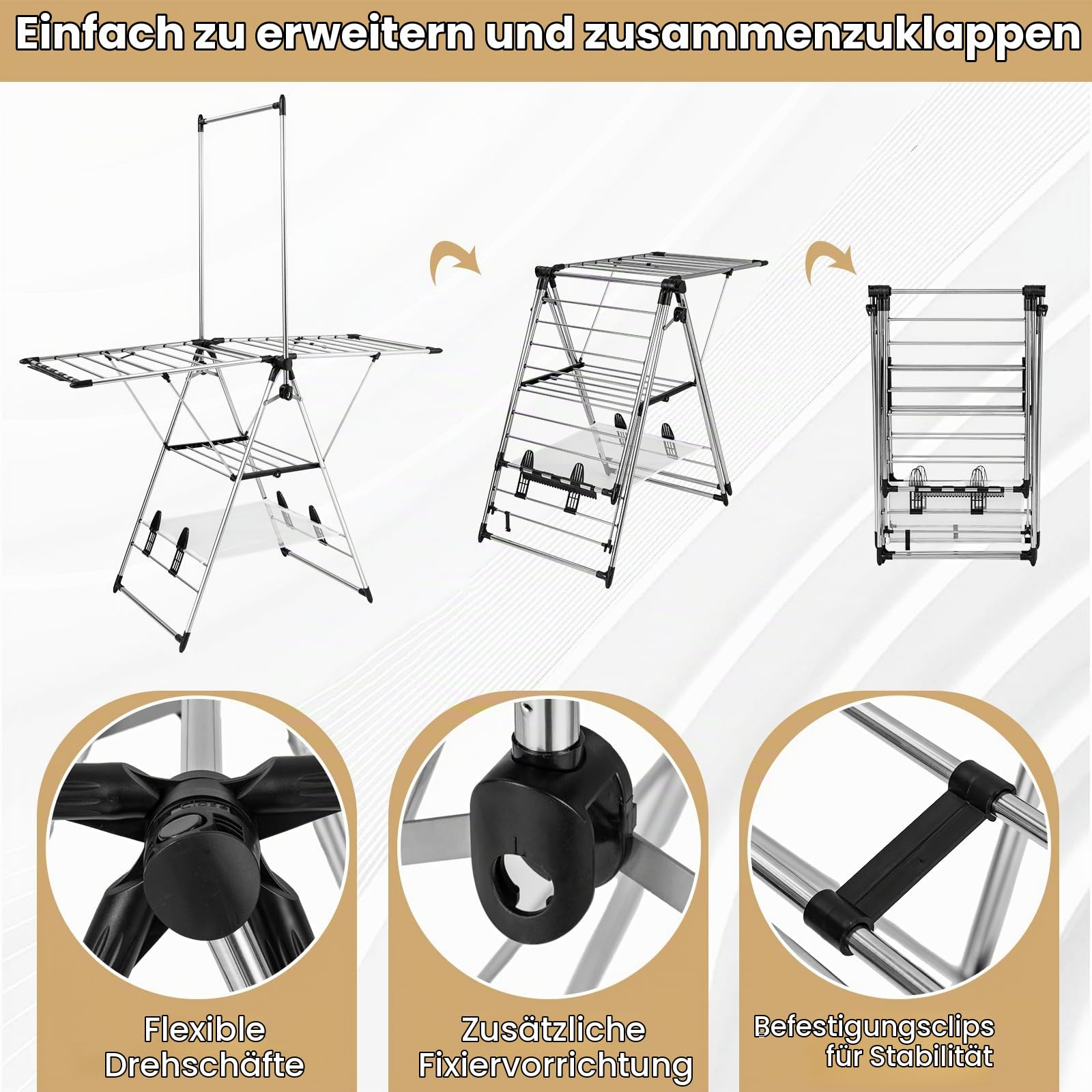 GIANTEX 2-lagiges Aluminium-Wäscheständer, Faltbarer Wäscheständer mit 2 höhenverstellbaren Flügeln, 23 Trocknungsschienen, 28 Sockenclips und 4 Schuhhalter, Keine Montage erforderlich