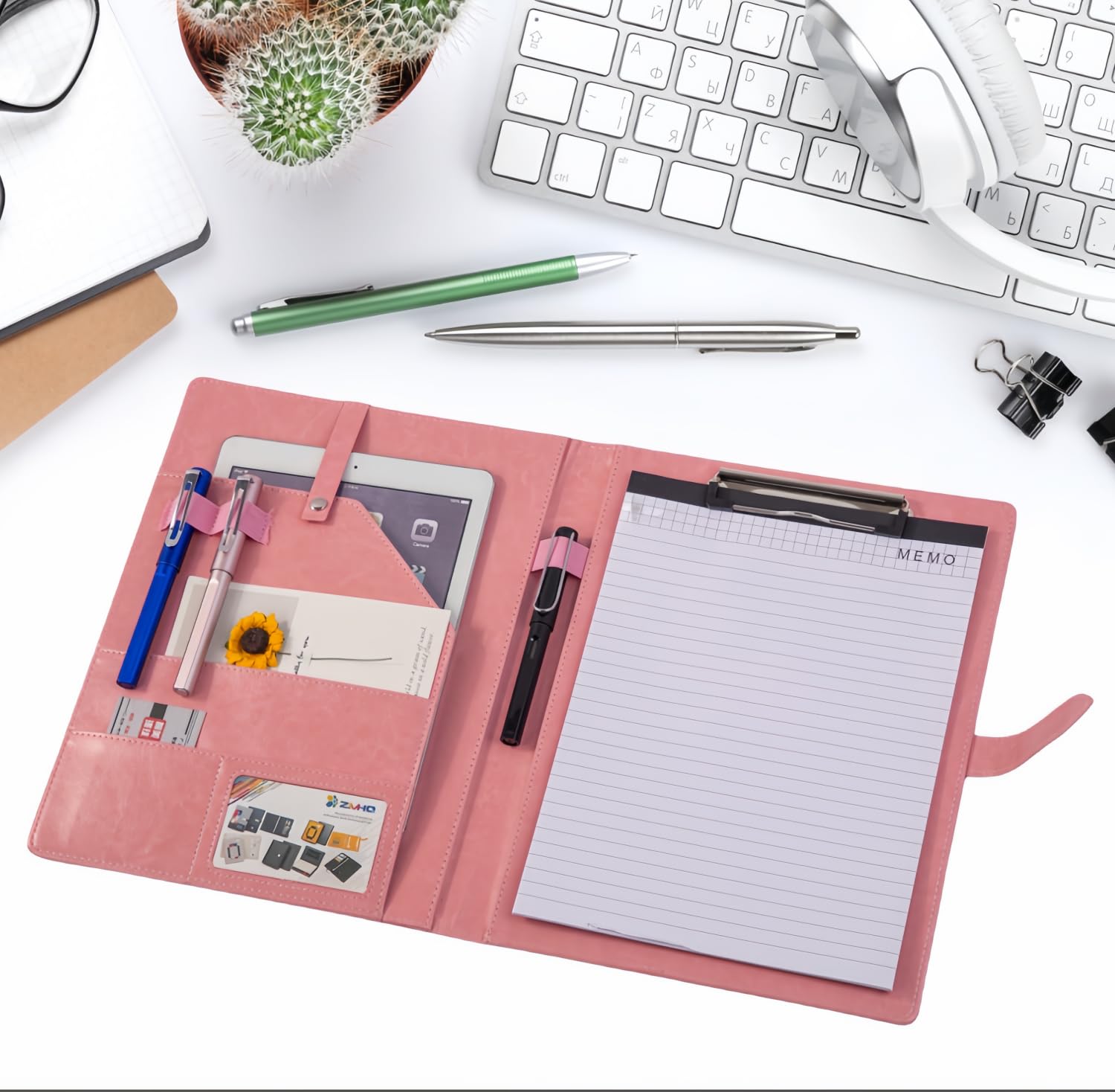 Porte-documents en cuir, organiseur de documents juridiques pour entretiens, porte-bloc, porte-cartes, 2 blocs d'écriture au format lettre inclus (rose)