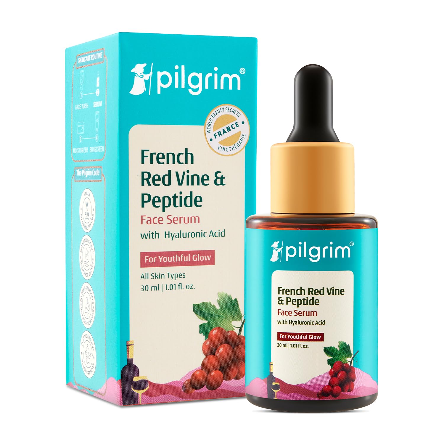 French Red Vine & Hyaluronic acid with peptides | Red vine serum for face | Hyaluronic acid serum for face | For women & men | All skin types | 30 ml