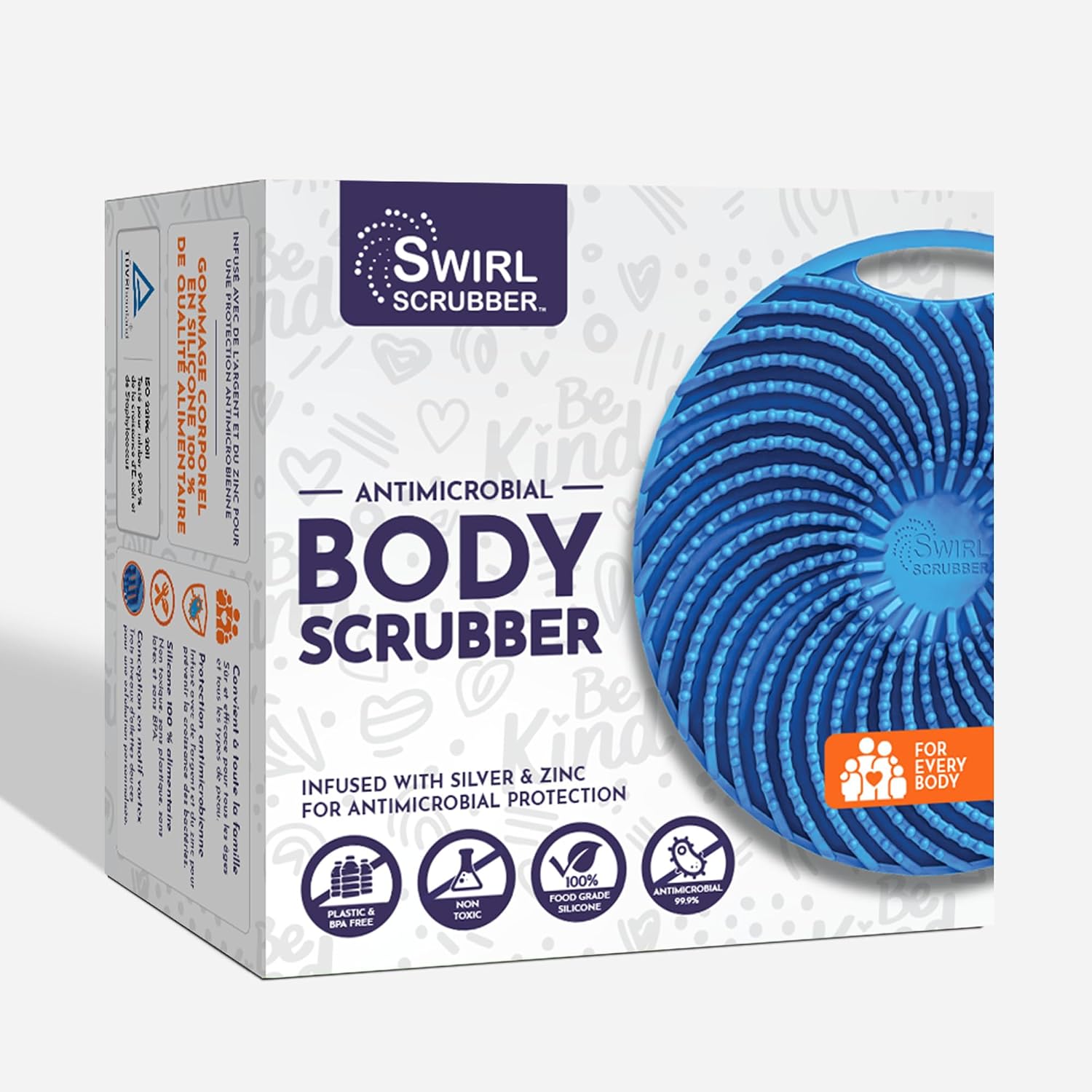 Antimicrobial Silicone Body Scrubber - Blue - Shower Hanger & Sticker, Lymphatic Support, Deep Exfoliation-Cleansing, Family Hygiene