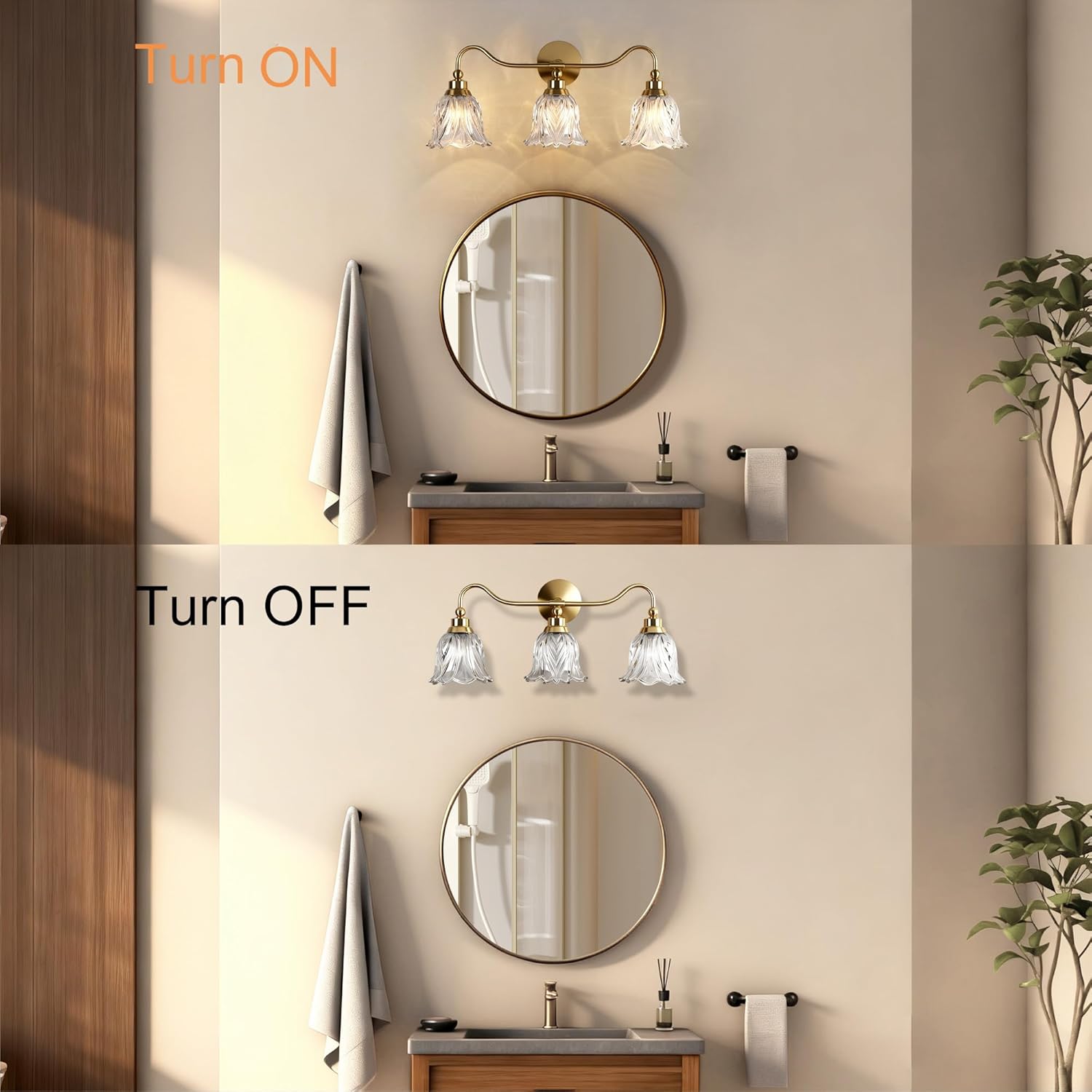 3-Lights Bathroom Vanity Light Gold Vintage Light Fixtures Floral Flower Matte Antique Brass Crystal Glass Shade, Wall Sconces Lighting for Living Room, Bedroom, Hallway（E12 Base）